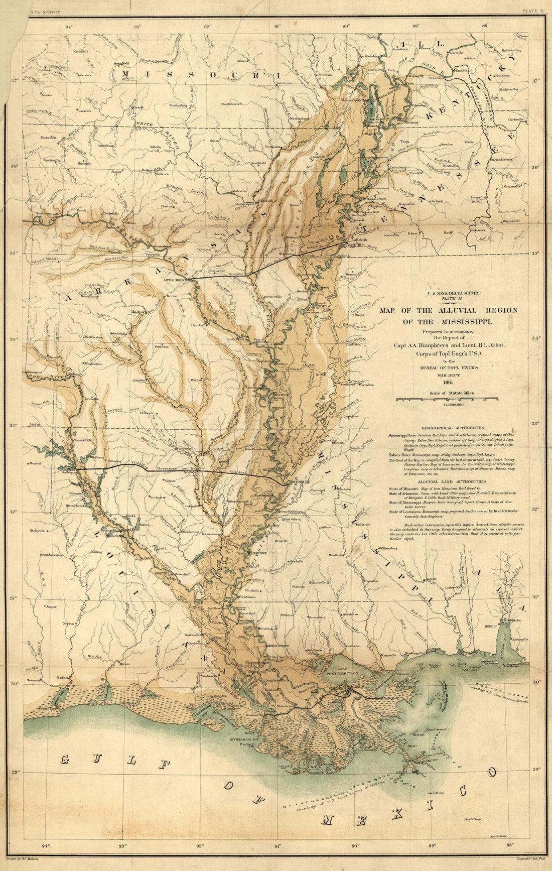 This old map of Map of the Alluvial Region of the Mississippi from 1861 was created by Charles Mahon in 1861