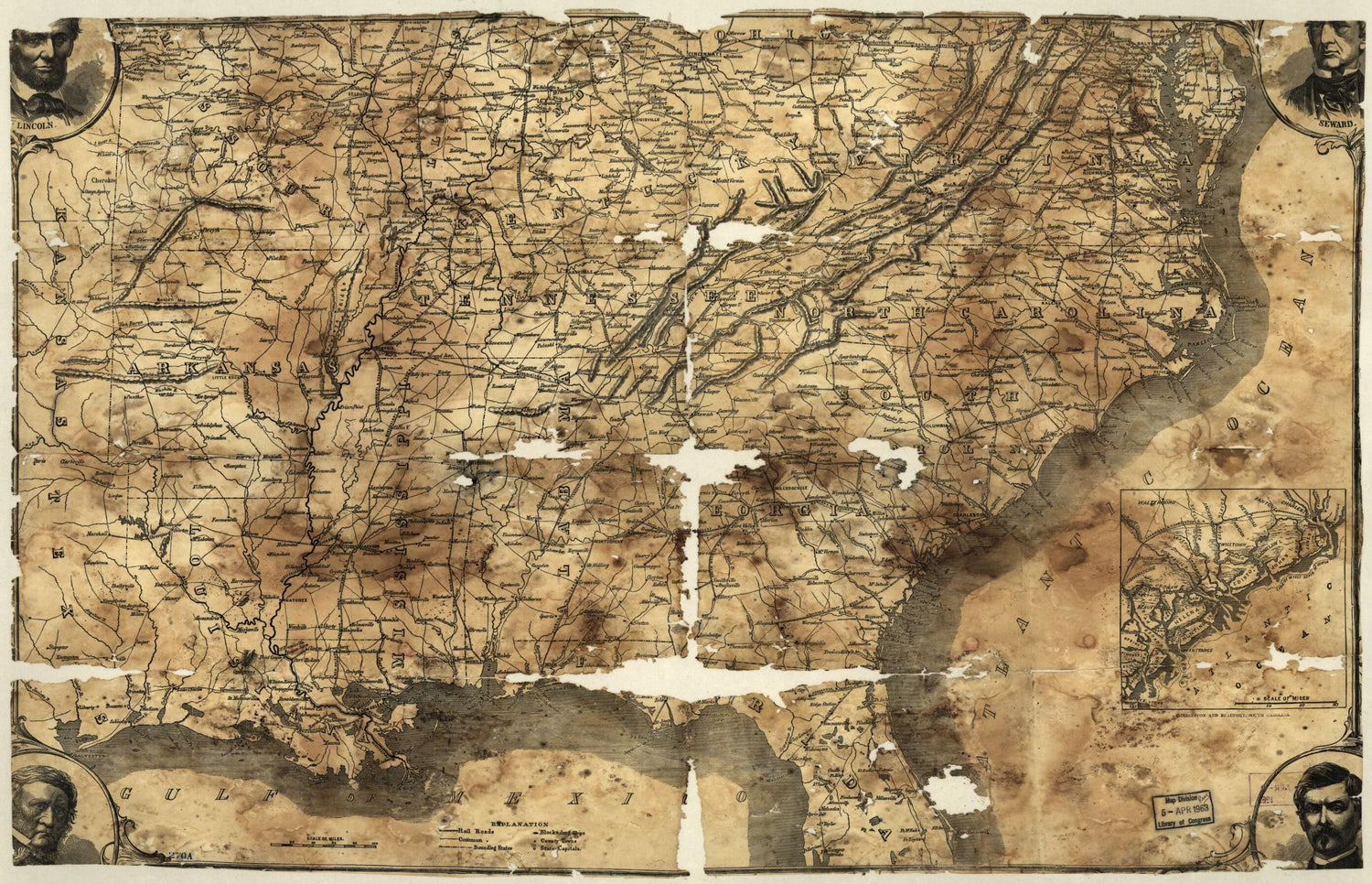 This old map of Map of the Southern States, Including Rail Roads, County Towns, State Capitals, County Roads, the Southern Coast Delaware to Texas, Showing the Harbors, Inlets, Forts and Position of Blockading Ships from 1861 was created by  in 1861