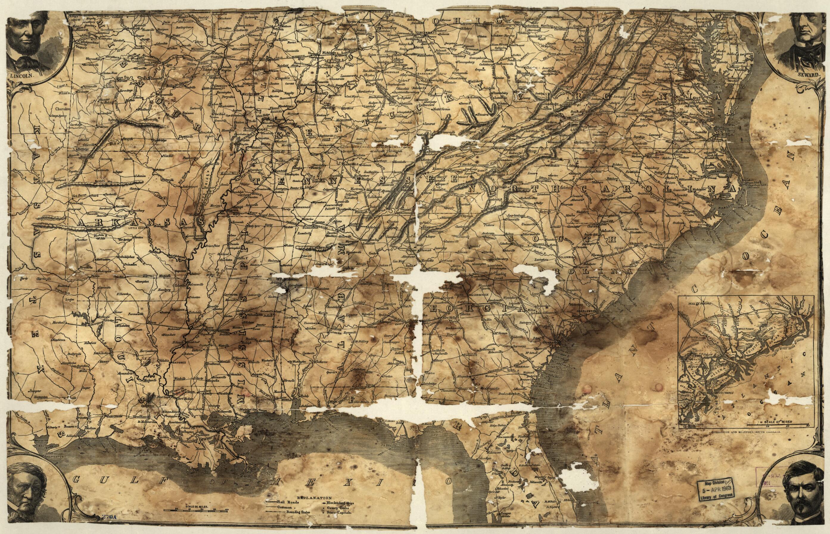 This old map of Map of the Southern States, Including Rail Roads, County Towns, State Capitals, County Roads, the Southern Coast Delaware to Texas, Showing the Harbors, Inlets, Forts and Position of Blockading Ships from 1861 was created by  in 1861