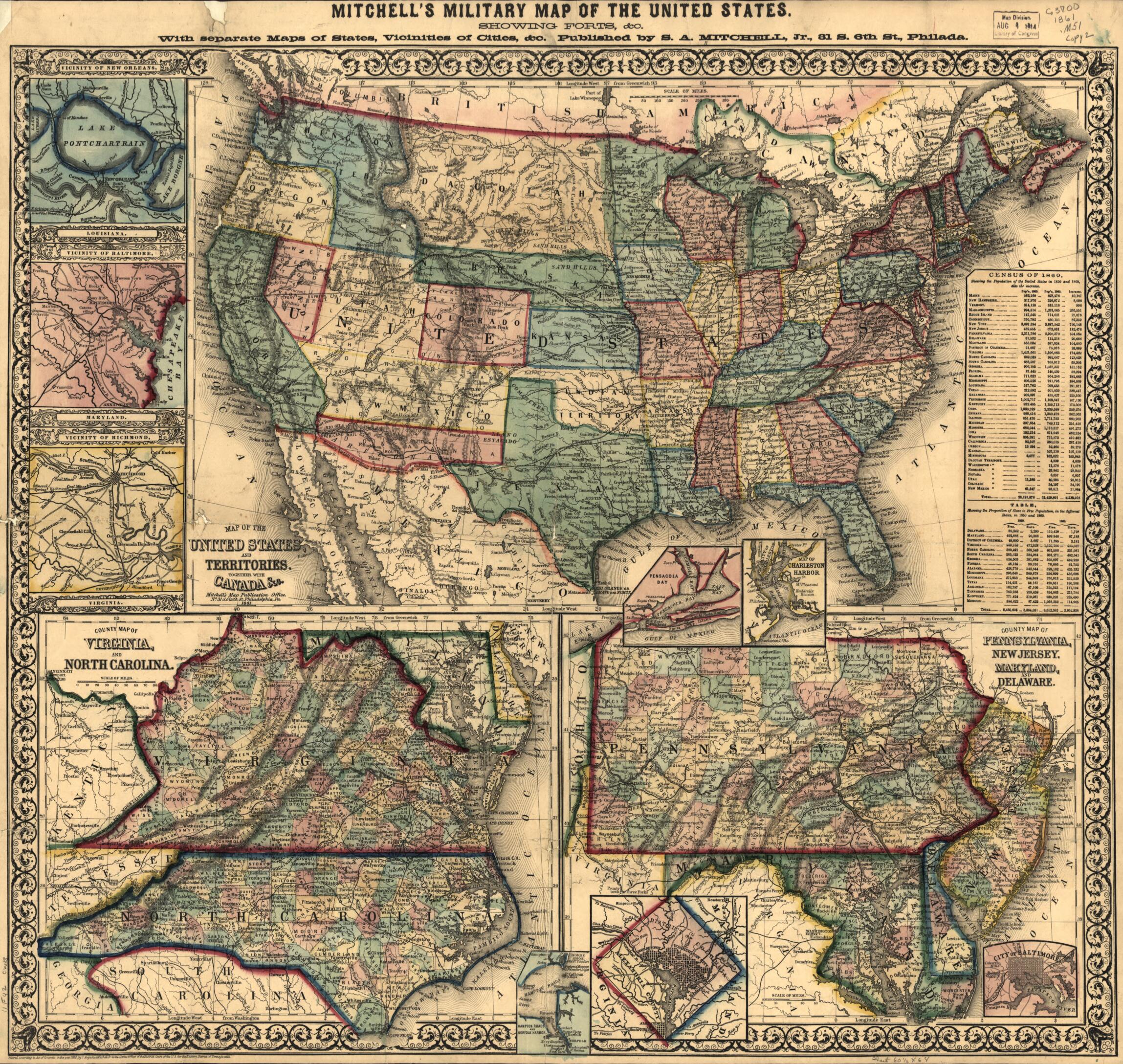 This old map of Map of the United States, and Territories from 1861 was created by S. Augustus (Samuel Augustus) Mitchell in 1861