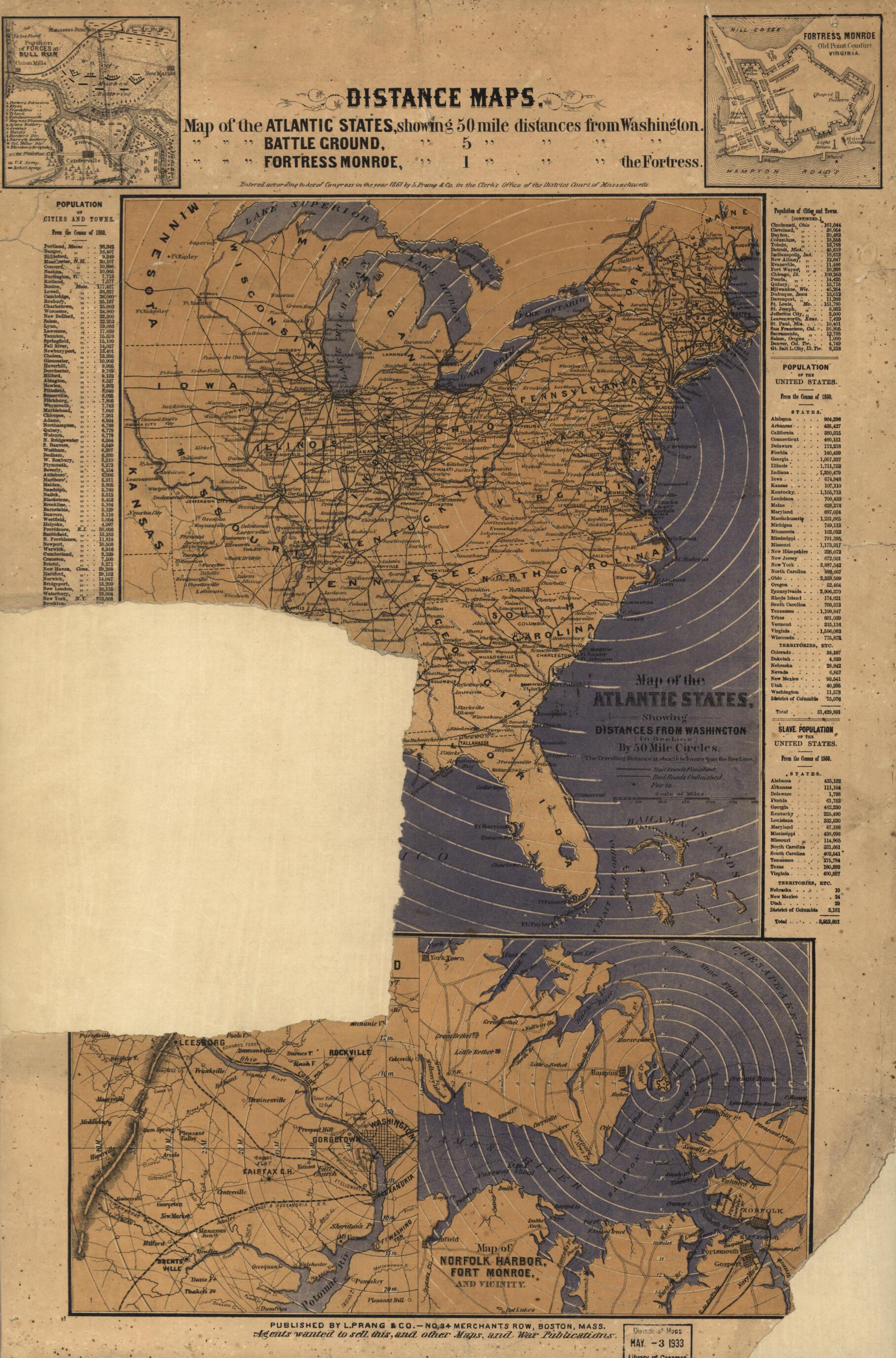 This old map of Distance Maps. Map of the Atlantic States, Showing 50 Mile Distances from Washington. Map of the Battleground at Manassas Showing 5 Mile Distances from Washington. Map of the Fortress Monroe, Showing 1 Mile Distances from the Fortress fro