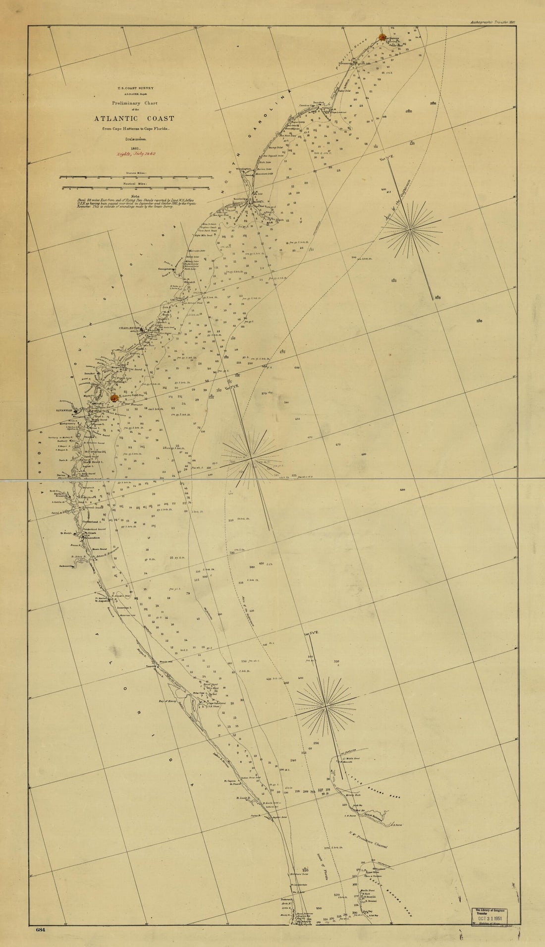 This old map of Preliminary Chart of the Atlantic Coast from Cape Hateras to Cape Florida. Autographic Transfer from 1861 was created by J. W. Maedel,  United States Coast Survey in 1861