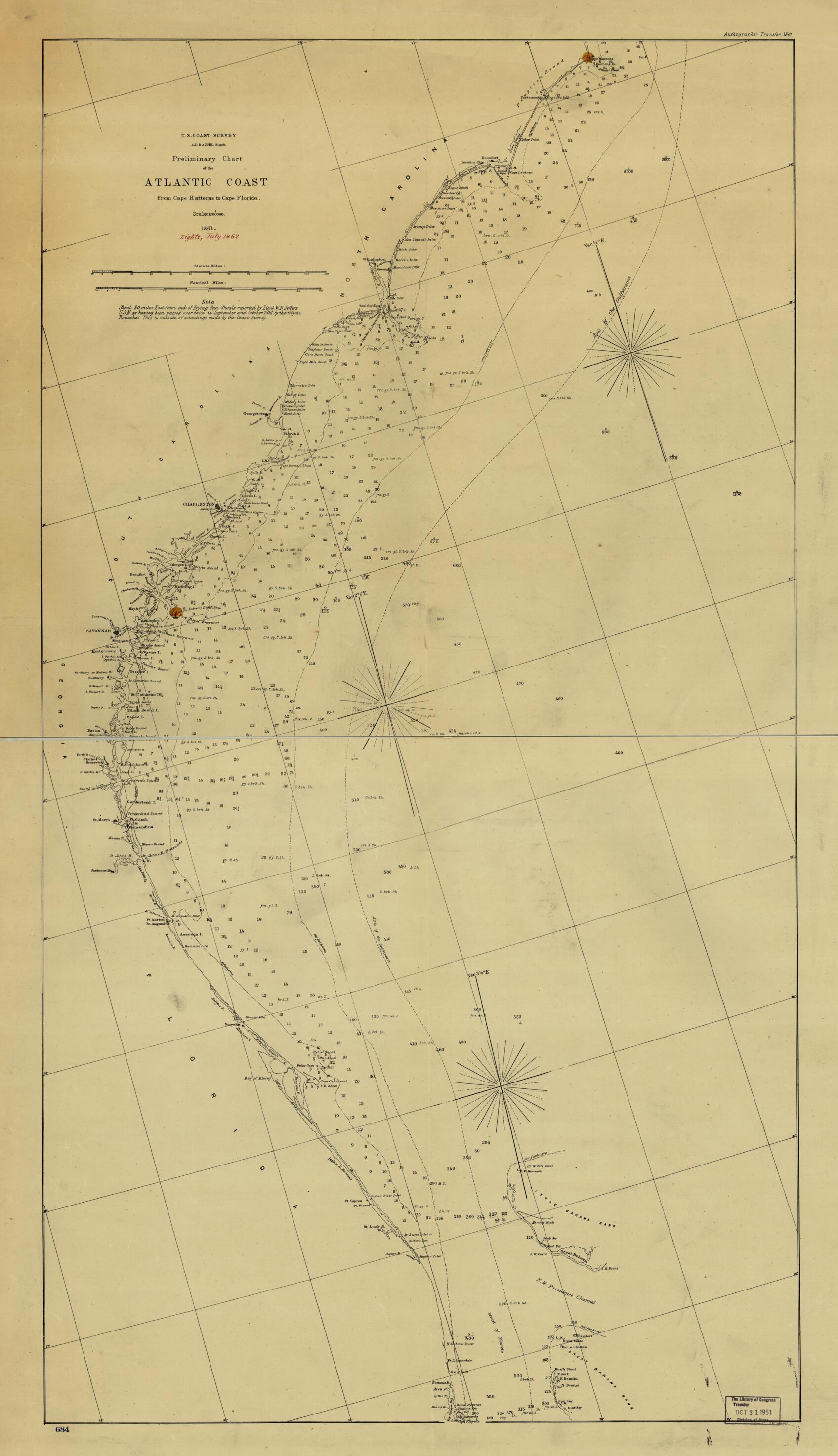 This old map of Preliminary Chart of the Atlantic Coast from Cape Hateras to Cape Florida. Autographic Transfer from 1861 was created by J. W. Maedel,  United States Coast Survey in 1861