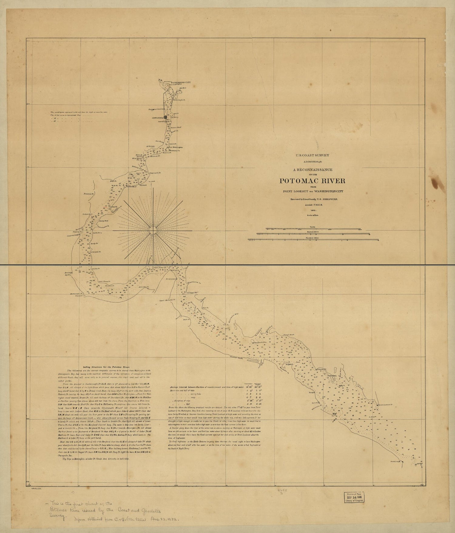 This old map of A Reconnaissance of the Potomac River from Point Lookout to Washington City from 1861 was created by J. W. Maedel, T. S. Phelps,  United States Coast Survey in 1861