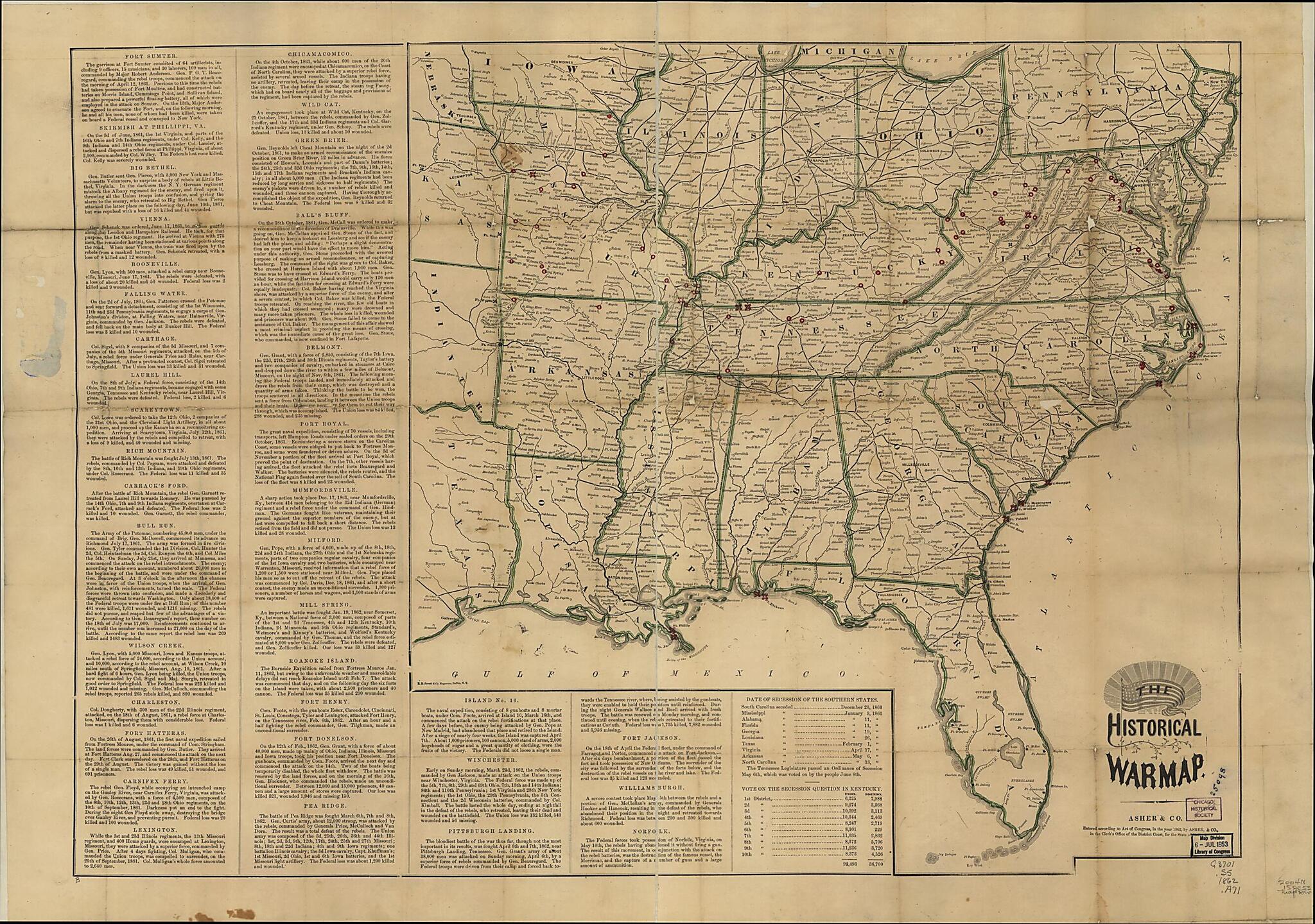 This old map of The Historical War Map from 1862 was created by  Asher &amp; Co in 1862