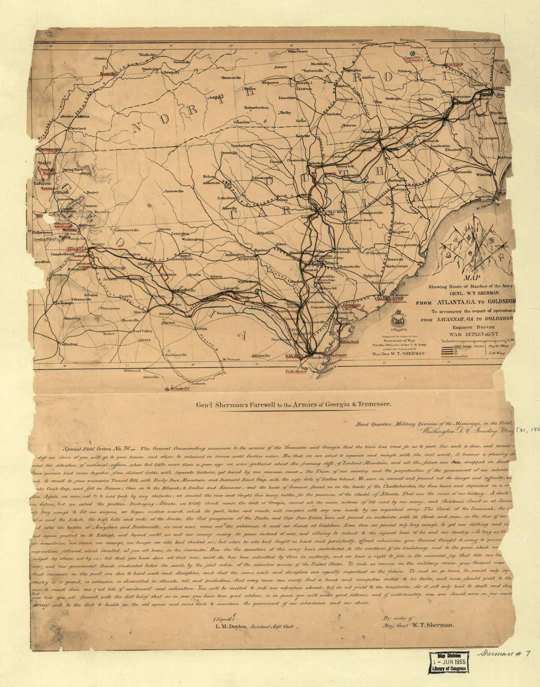 This old map of Map Showing Route of Marches of the Army of Genl. W.T. Sherman, from Atlanta, Georgia to Goldsboro, N.C. : to Accompany the Report of Operations from Savannah, Georgia to Goldsboro, N.C from 1865 was created by William T. (William Tecumse