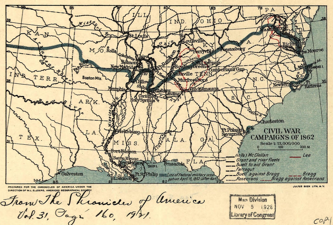 This old map of Civil War Campaigns of 1862 from 1921 was created by W. L. G. (Wolfgang Louis Gottfried) Joerg in 1921