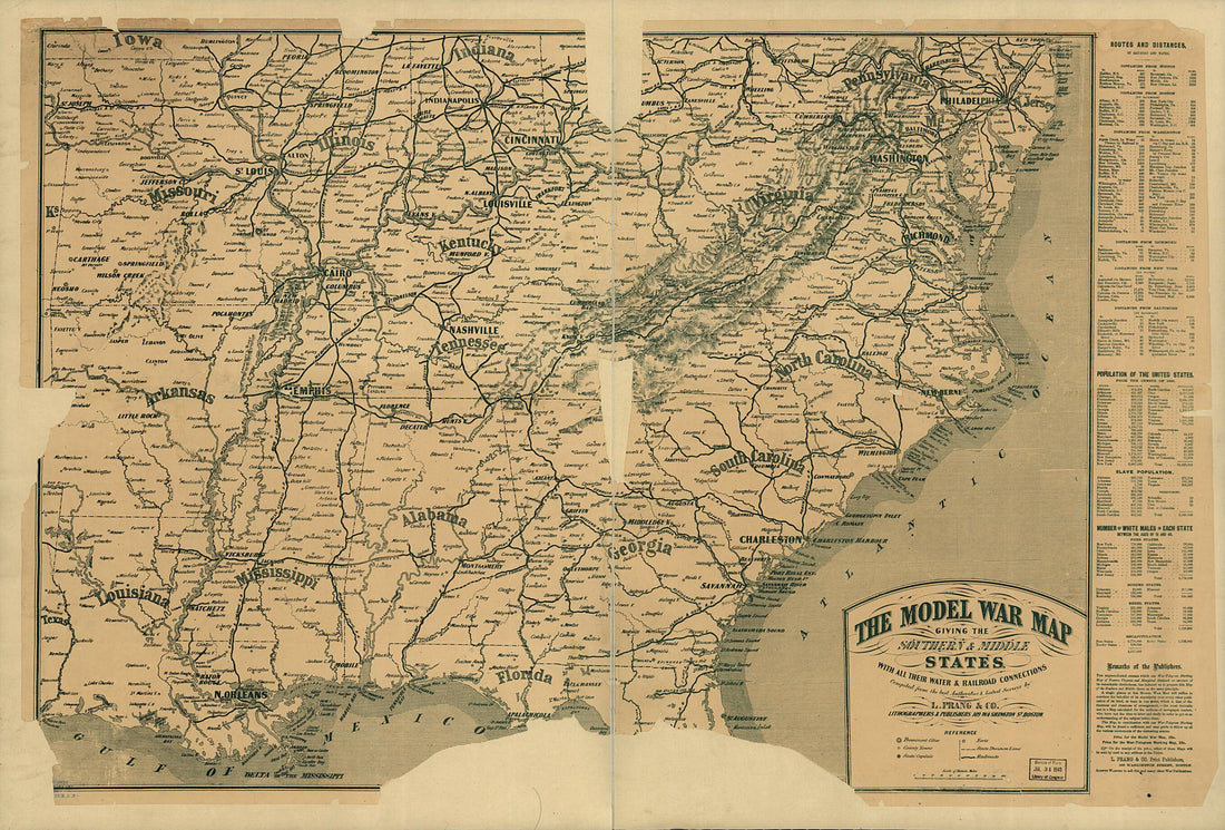 This old map of The Model War Map Giving the Southern &amp; Middle States, With All Their Water &amp; Railroad Connections. Compiled from the Best Authorities &amp; Latest Surveys by L. Prang &amp; Co., Lithographers &amp; Publishers from 1862 was created by  Louis Prang an
