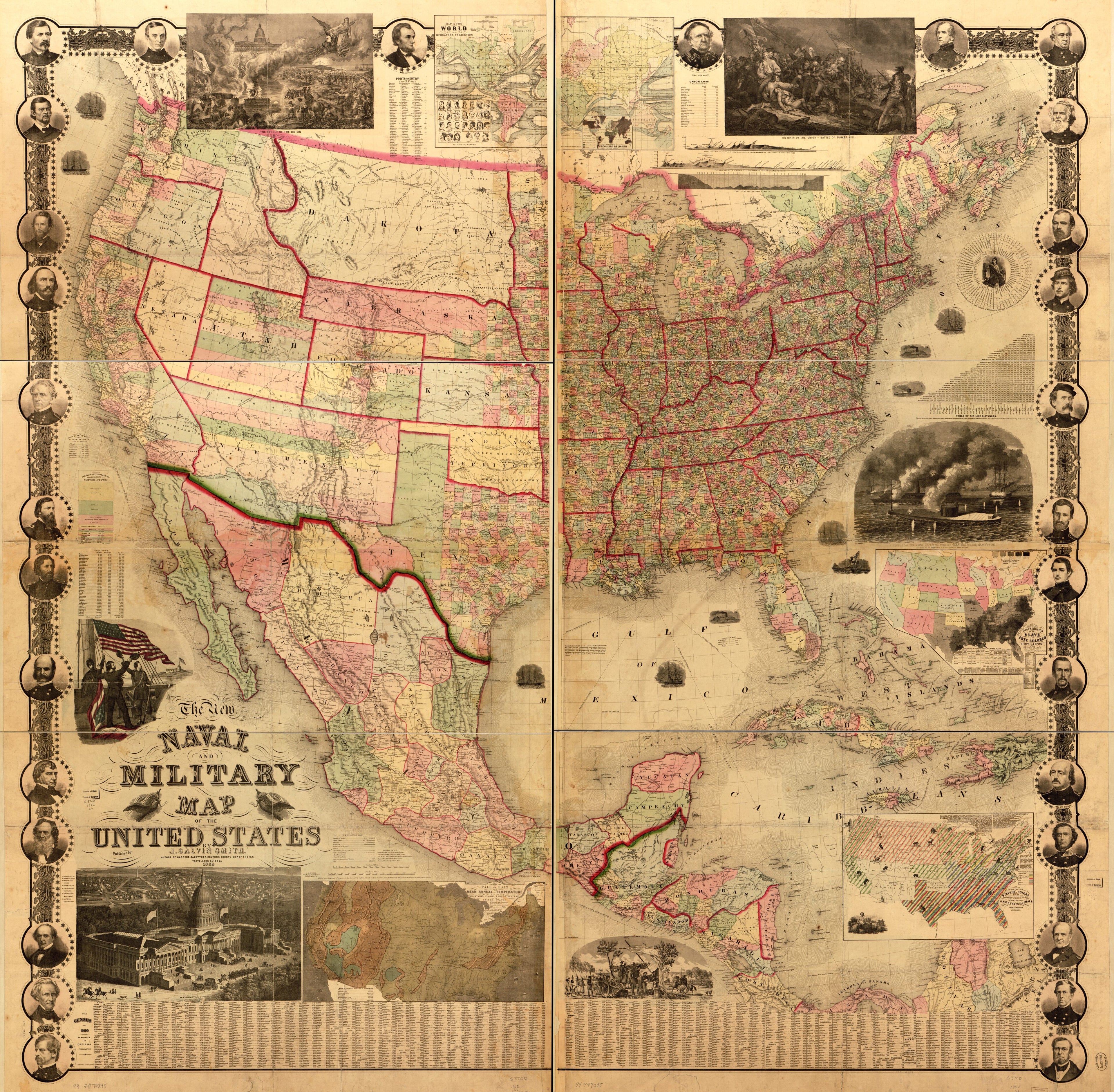 This old map of The New Naval and Military Map of the United States from 1862 was created by J. Calvin (John Calvin) Smith in 1862