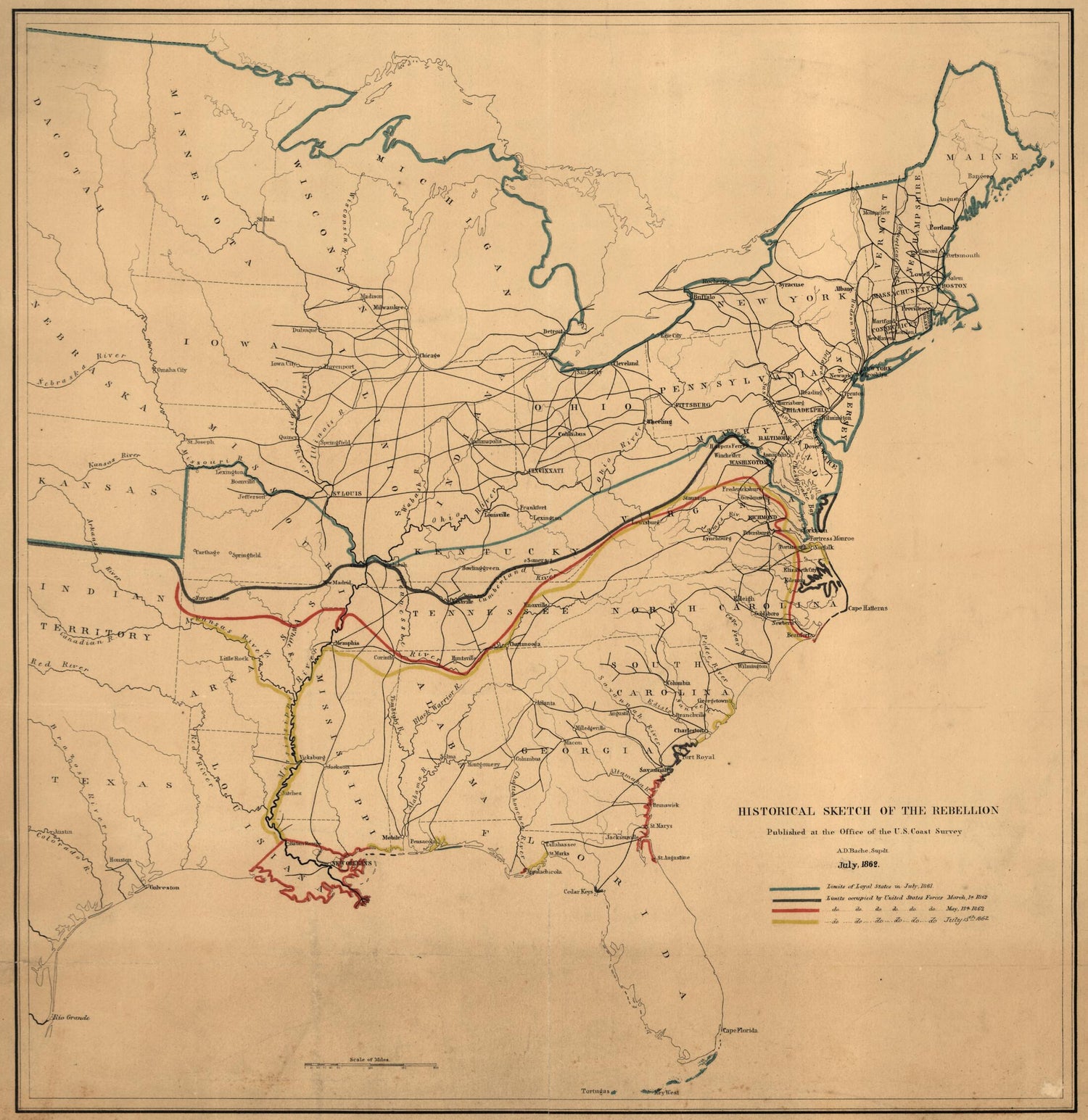 This old map of Historical Sketch of the Rebellion from 1862 was created by  United States Coast Survey in 1862