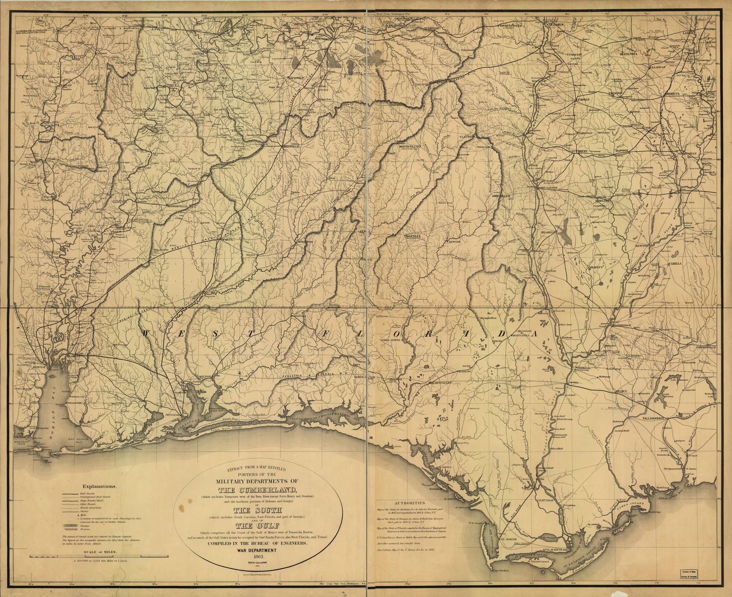 This old map of Extract from a Map Entitled Portions of the Military Departments of the Cumberland of the South and of the Gulf  from 1863 was created by Denis Callahan,  United States. War Department. Bureau of Engineers in 1863