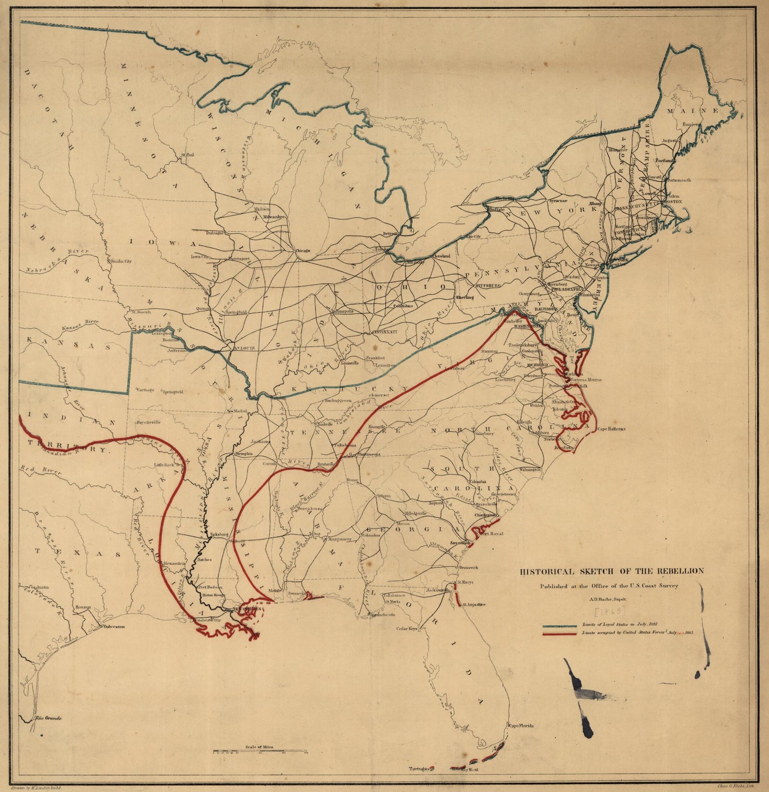 This old map of Historical Sketch of the Rebellion from 1863 was created by H. (Henry) Lindenkohl in 1863