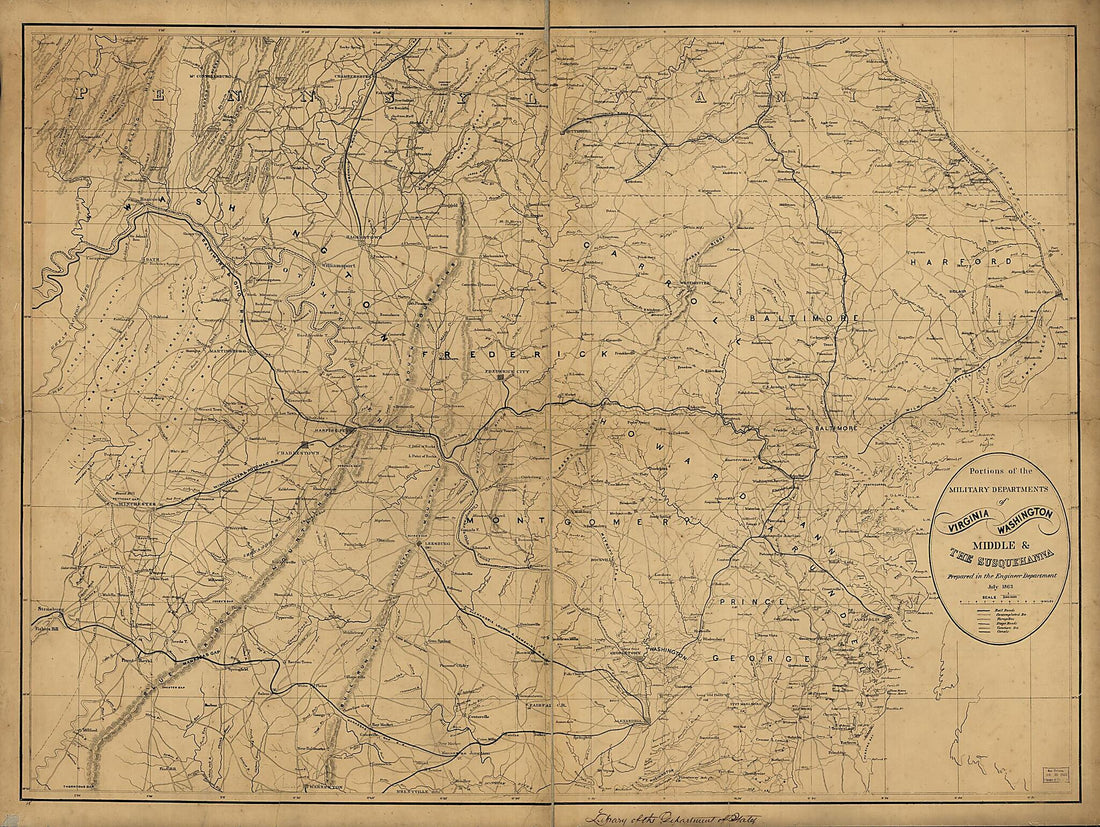 This old map of Portions of the Military Departments of Virginia, Washington, Middle &amp; the Susquehanna from 1863 was created by  United States. Army. Corps of Engineers in 1863