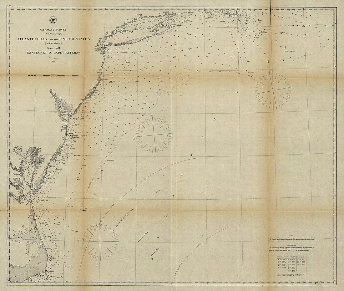 This old map of Atlantic Coast of the United States (in Four Sheets), Sheet No. II, Nantucket to Cape Hatteras from 1863 was created by A. D. (Alexander Dallas) Bache,  United States Coast Survey in 1863