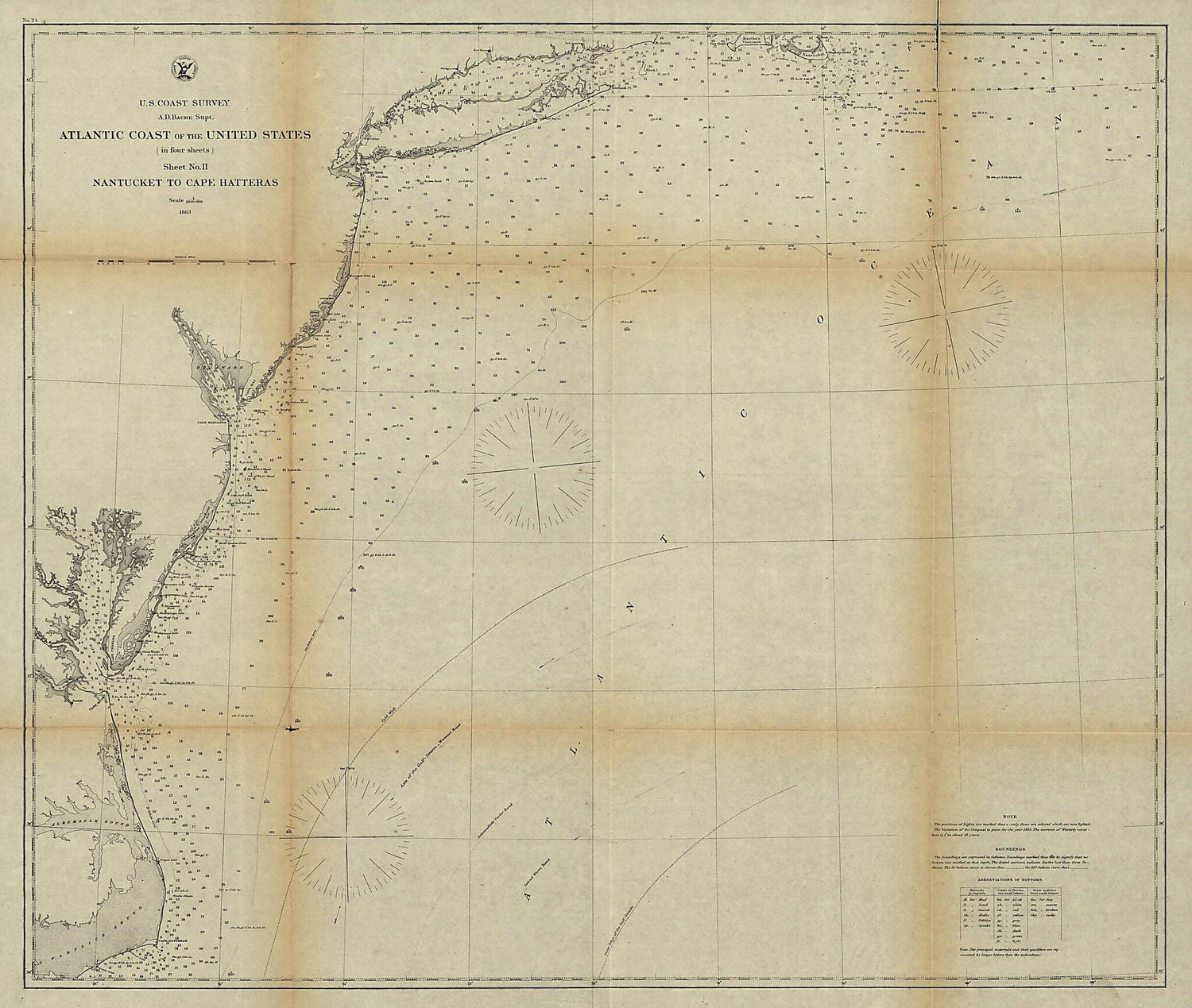 This old map of Atlantic Coast of the United States (in Four Sheets), Sheet No. II, Nantucket to Cape Hatteras from 1863 was created by A. D. (Alexander Dallas) Bache,  United States Coast Survey in 1863