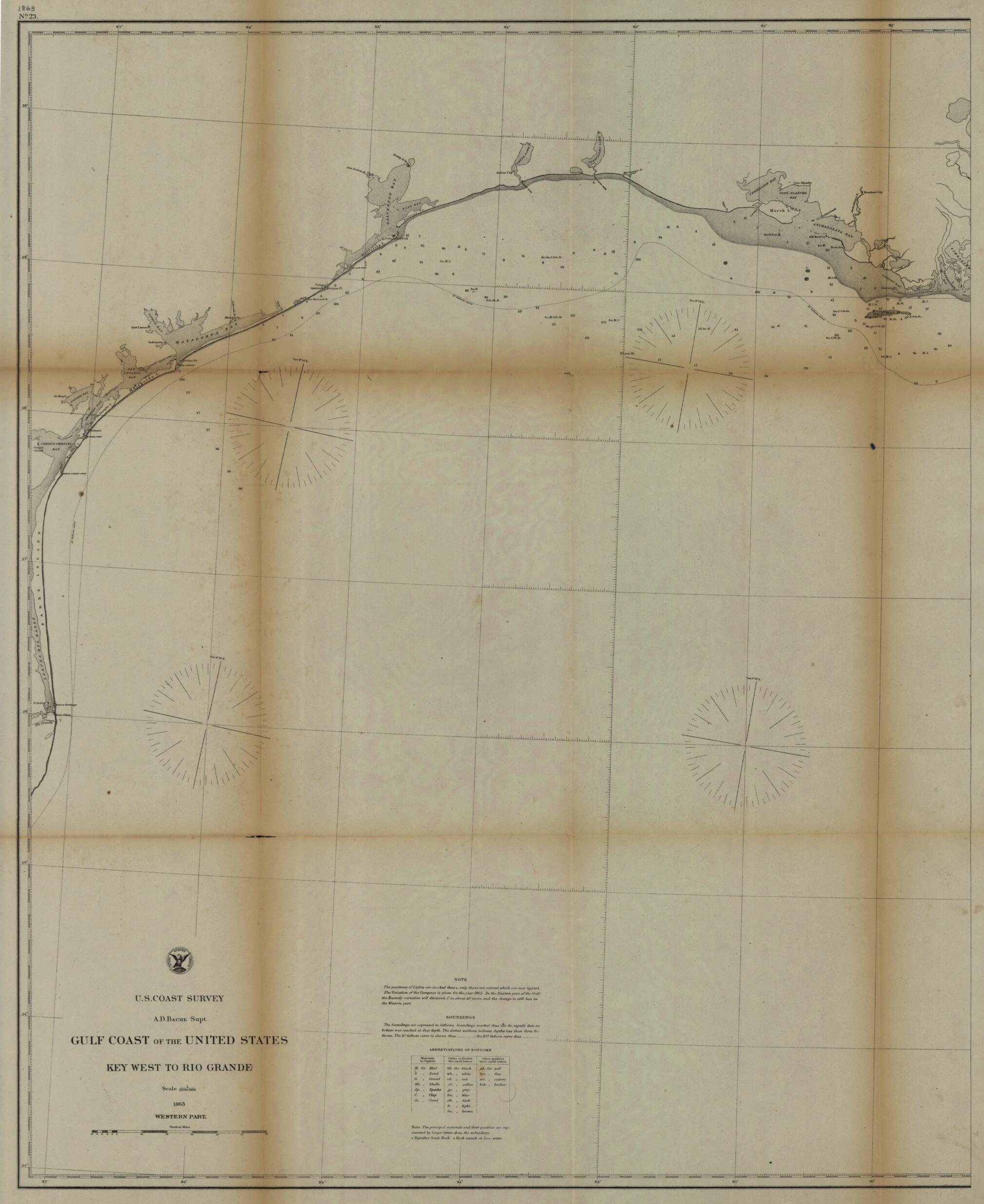This old map of Gulf Coast of the United States, Key West to Rio Grande from 1863 was created by  United States Coast Survey in 1863
