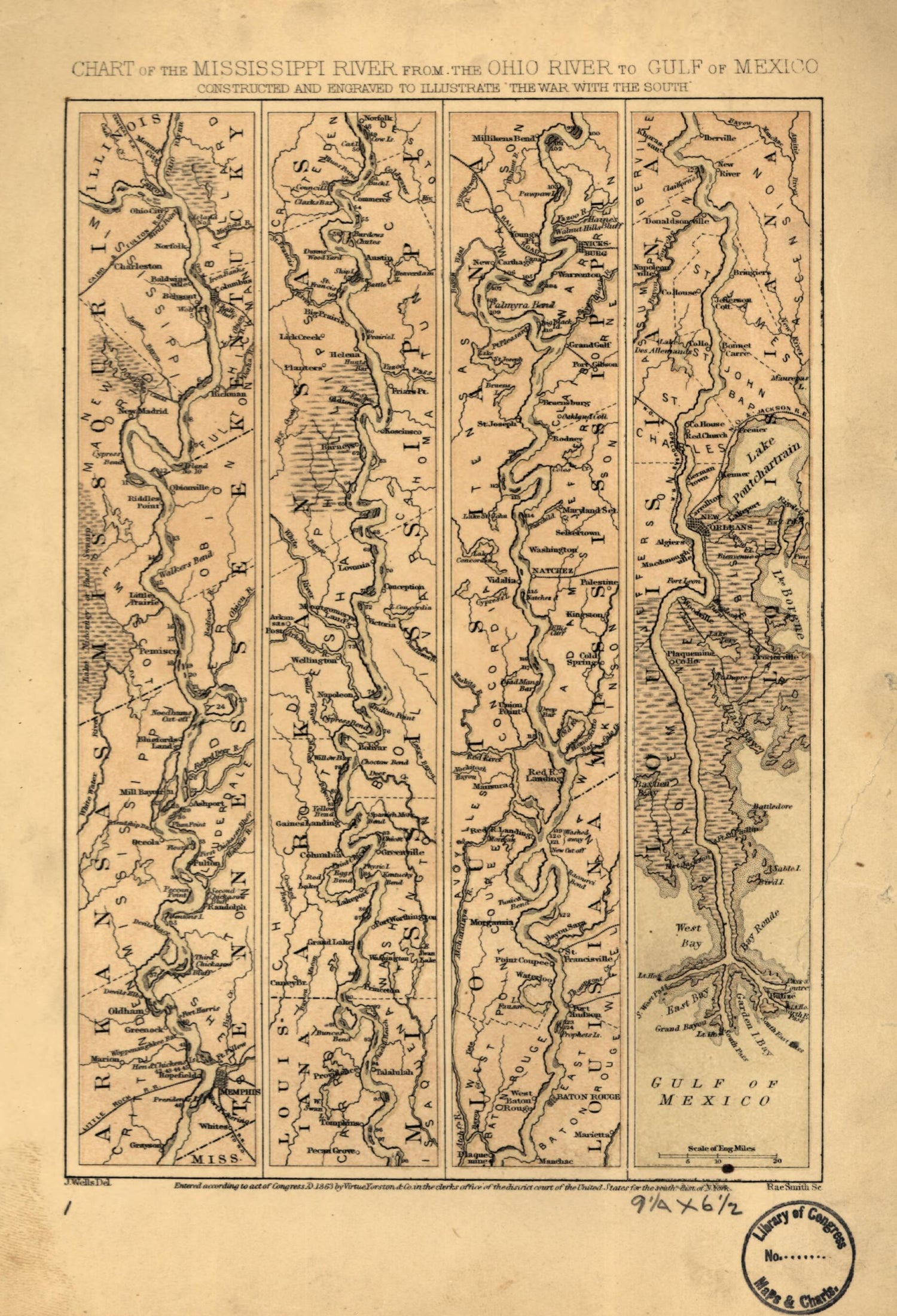 This old map of Chart of the Mississippi River from the Ohio River to Gulf of Mexico from 1863 was created by Jacob Wells in 1863