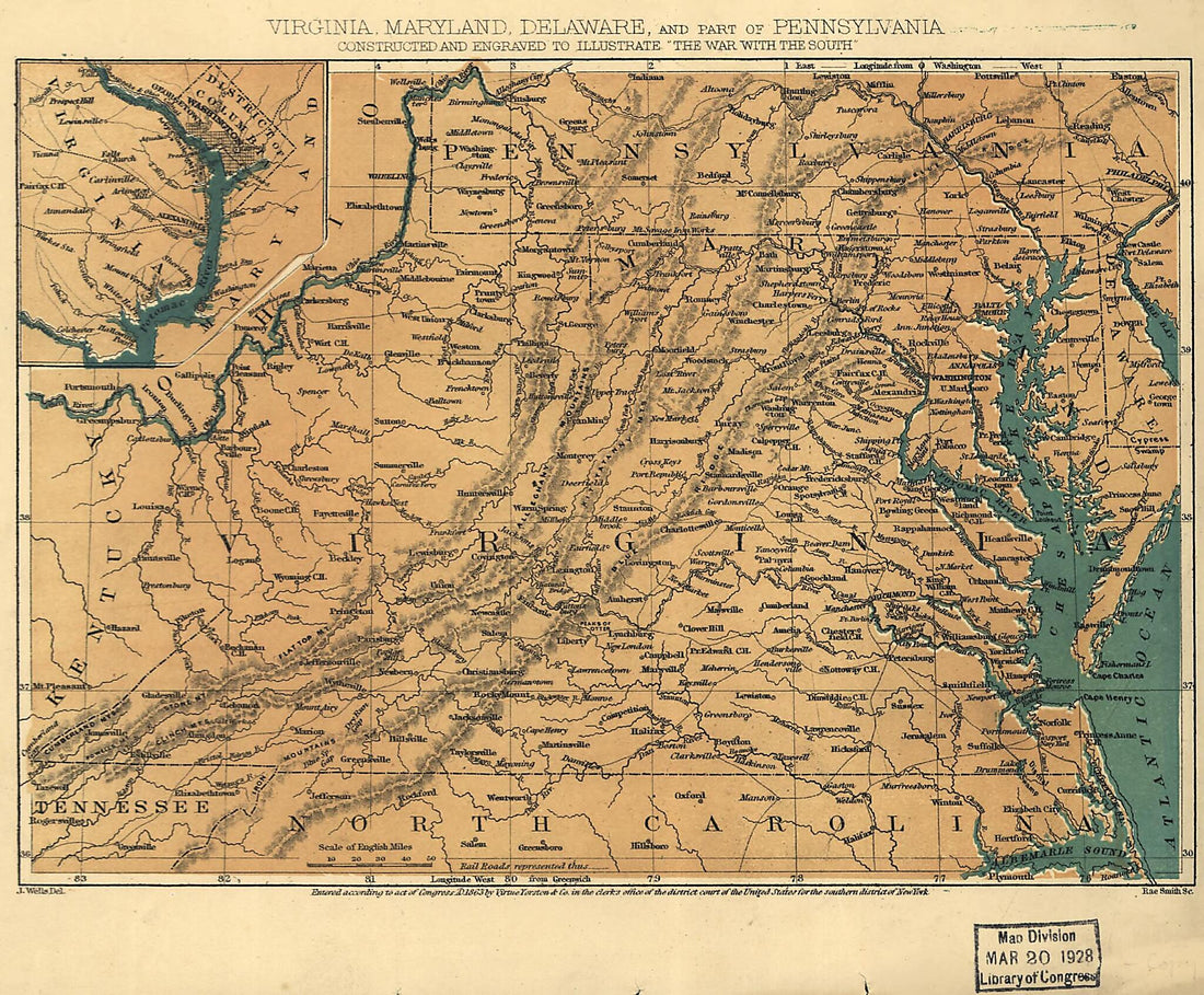 This old map of Virginia, Maryland, Delaware, and Part of Pennsylvania from 1863 was created by Jacob Wells in 1863