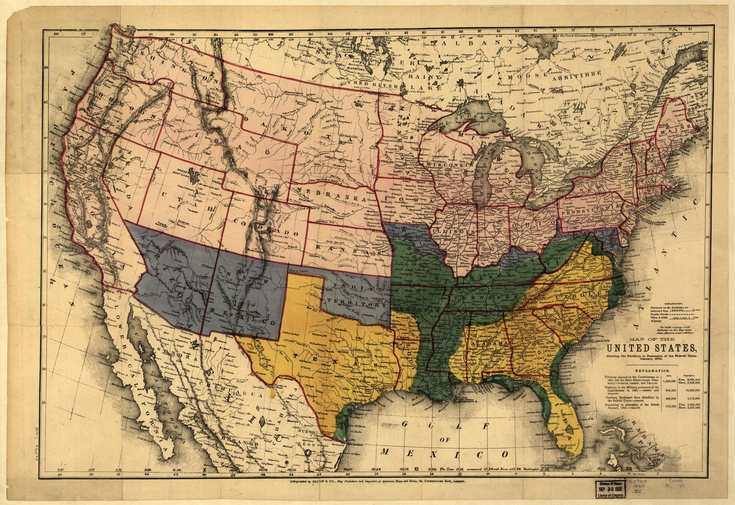 This old map of Map of the United States, Showing the Territory In Possession of the Federal Union, January, from 1864 was created by  Bacon &amp; Co in 1864