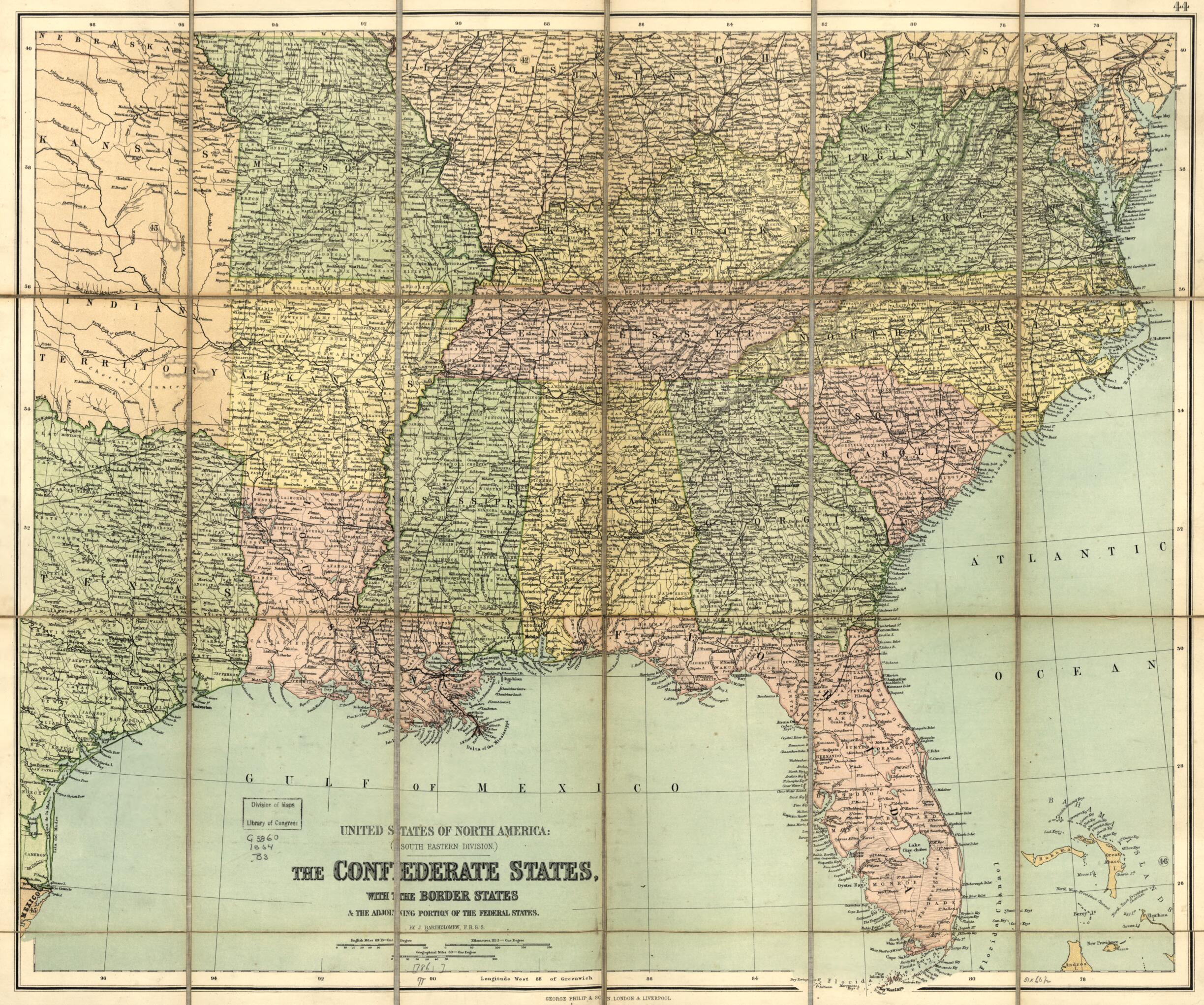 This old map of The Confederate States, With the Border States &amp; the Adjoining Portion of the Federal States from 1864 was created by John Bartholomew in 1864