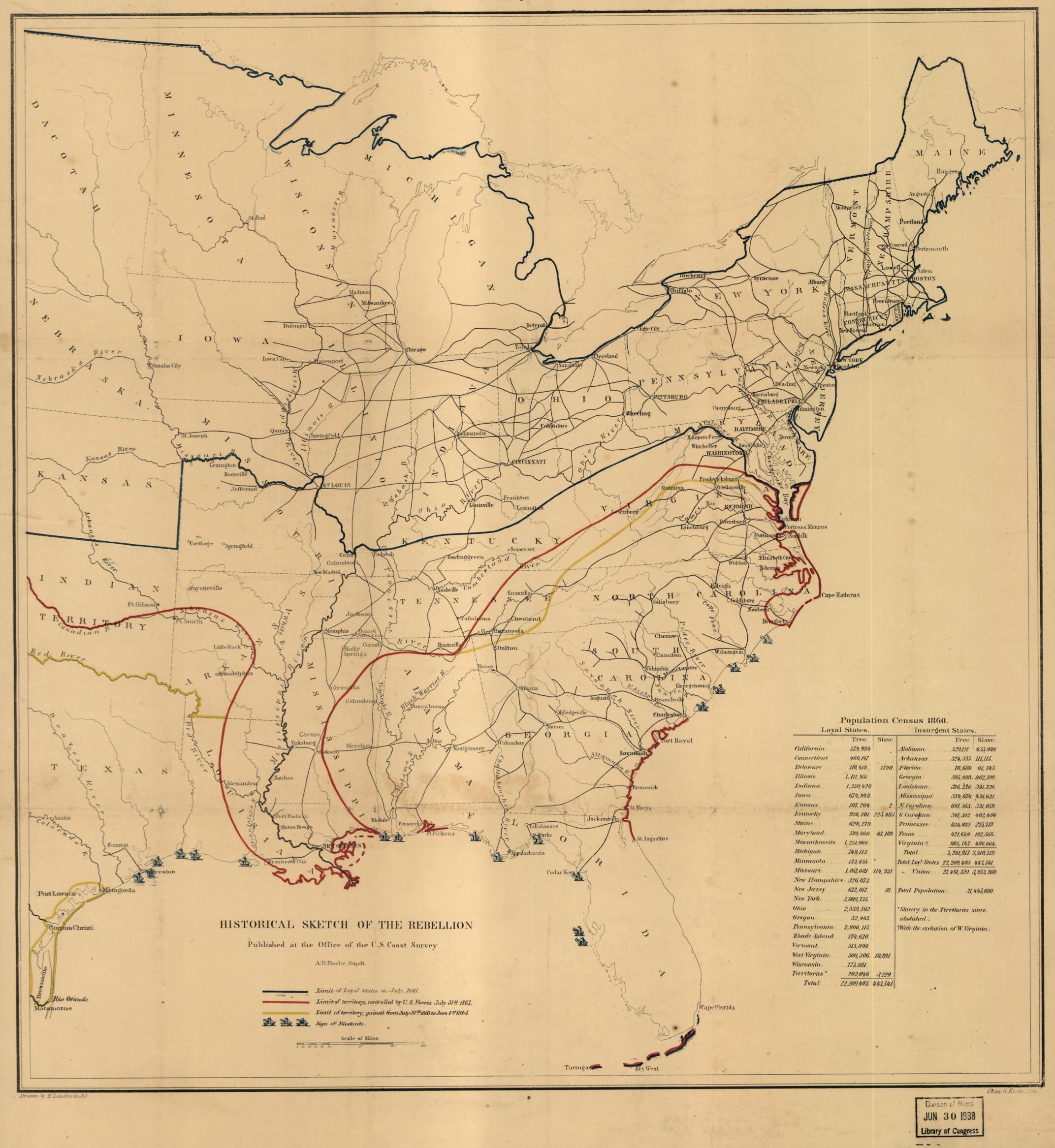 This old map of Historical Sketch of the Rebellion from 1864 was created by H. (Henry) Lindenkohl,  United States Coast Survey in 1864