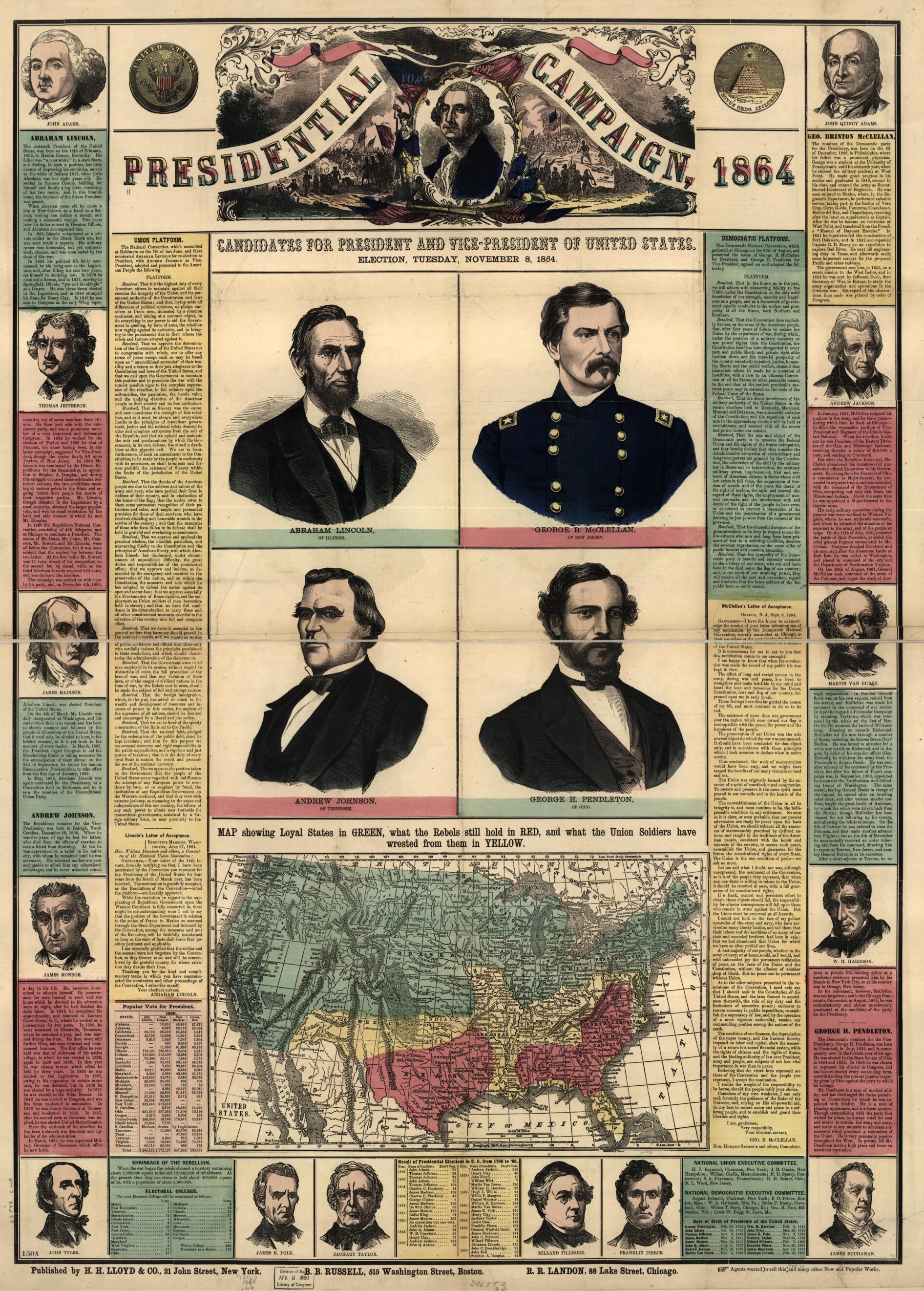This old map of United States: Map Showing Loyal States In Green, What the Rebels Still Hold In Red, and What the Union Soldiers Have Wrested from Them In Yellow from 1864 was created by  H.H. Lloyd &amp; Co in 1864