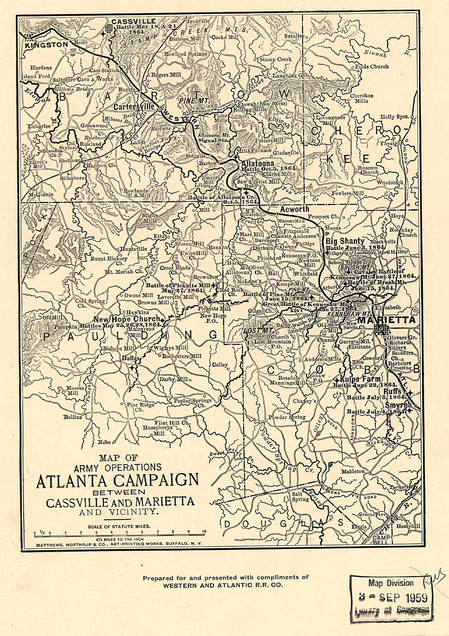 This old map of Map of Army Operations Atlanta Campaign Between Cassville and Mariette and Vicinity from 1864 was created by  Western and Atlantic Railroad Company in 1864