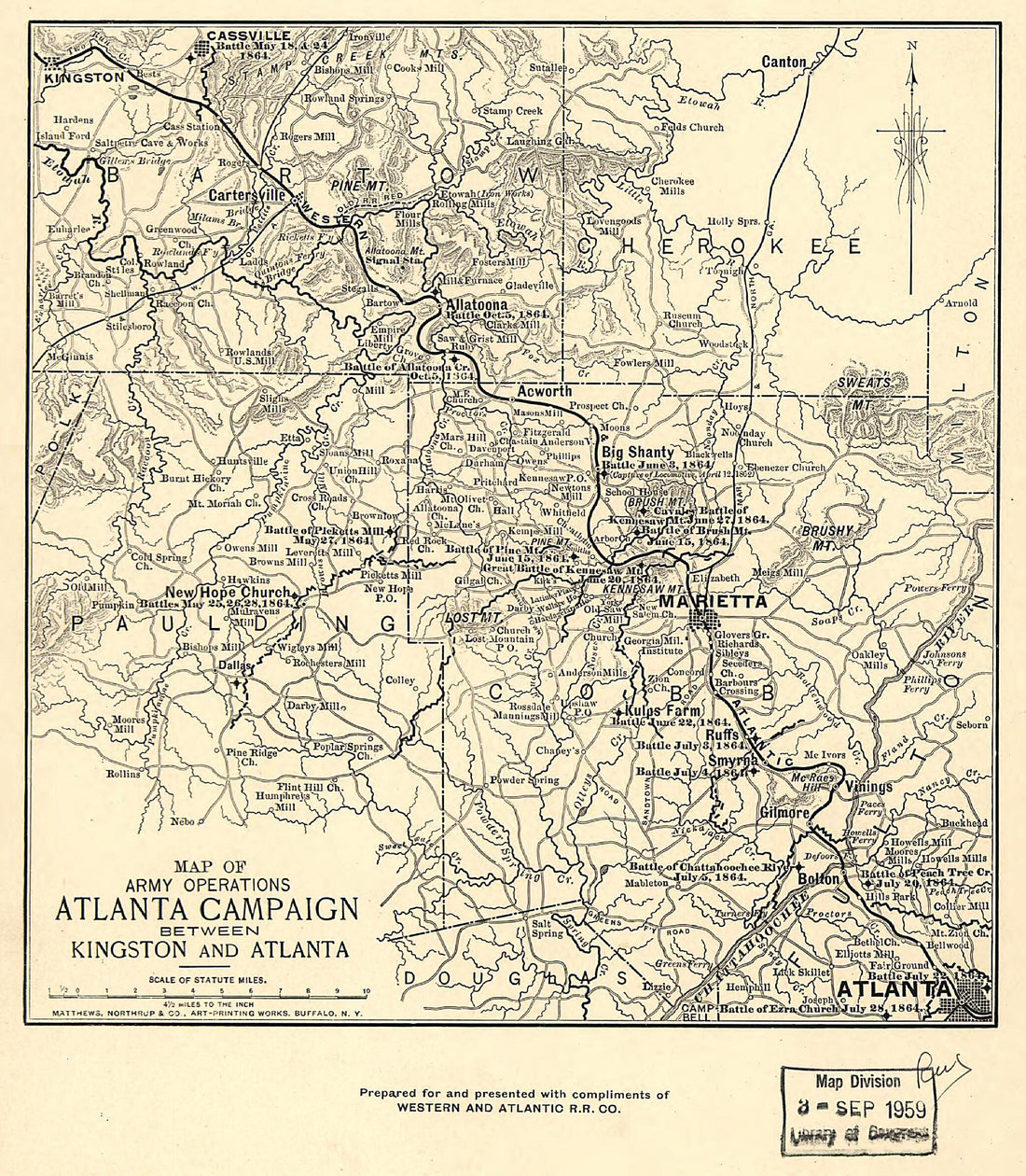 This old map of Map of Army Operations Atlanta Campaign Between Kingston and Atlanta from 1864 was created by  Western and Atlantic Railroad Company in 1864