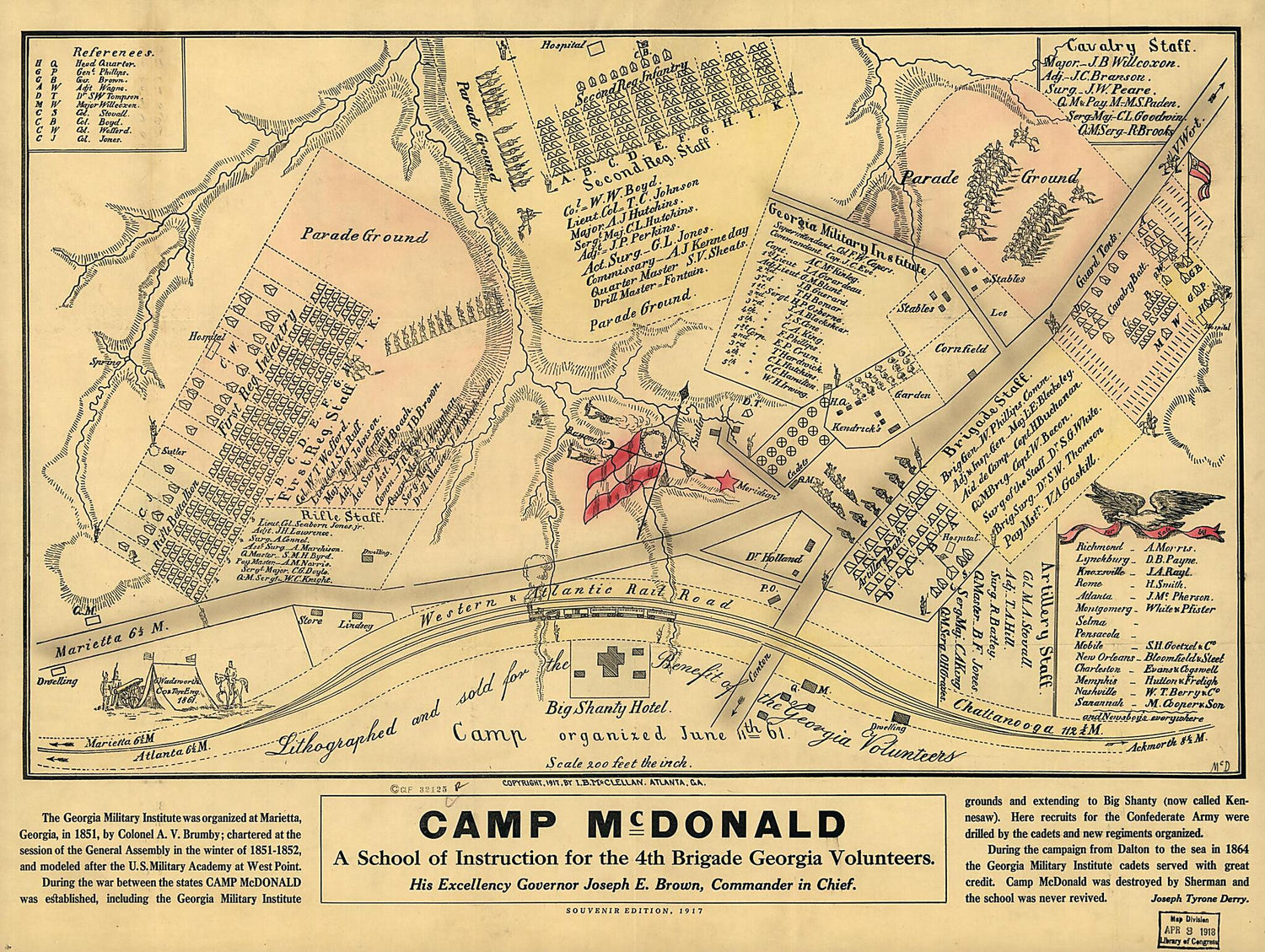 This old map of Camp McDonald; a School of Instruction for the 4th Brigade Georgia Volunteers from 1917 was created by I. B. McClellan in 1917