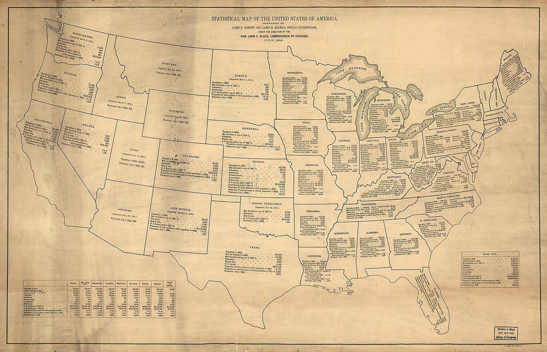 This old map of Statistical Map of the United States of America from 1888 was created by James S. Cowdon, James D. Holman in 1888