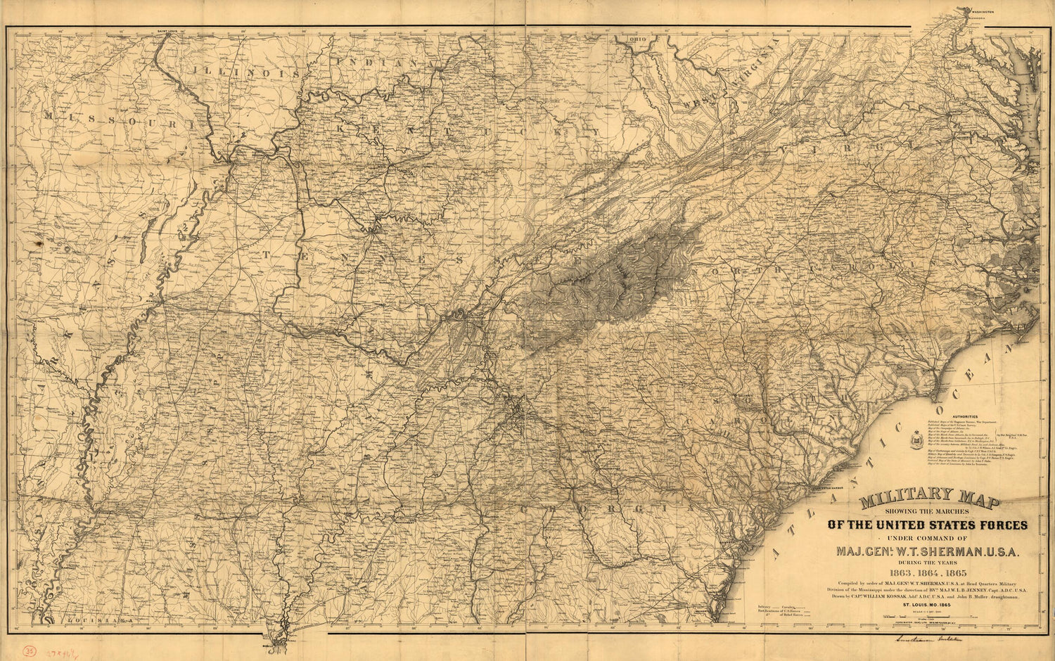 This old map of Military Map Showing the Marches of the United States Forces Under Command of Maj. Genl. W. T. Sherman, U.S.A., During the Years 1863, 1864, from 1865 was created by W. L. B. (William Le Baron) Jenney, William Kossak, John B. Muller, Will