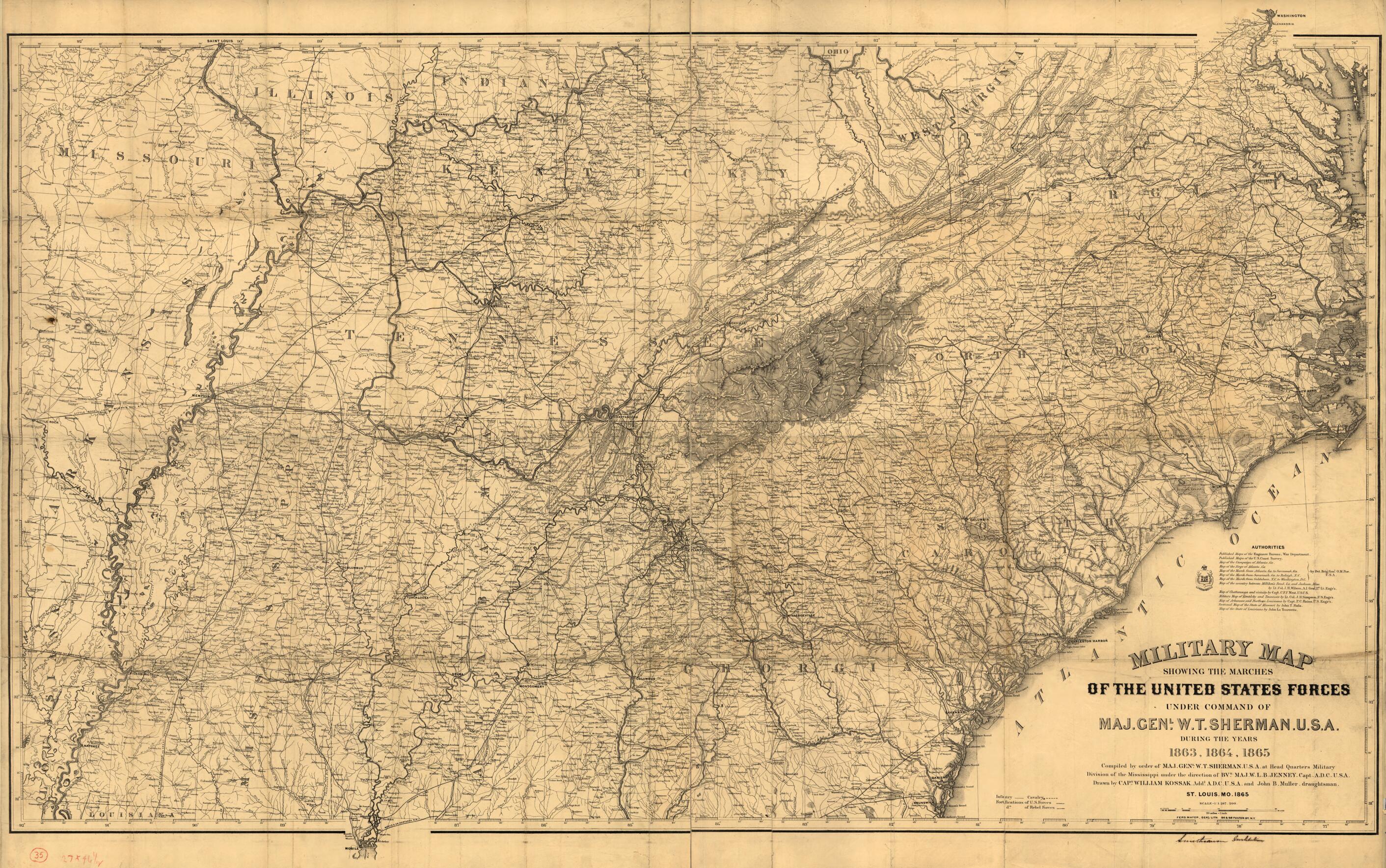 This old map of Military Map Showing the Marches of the United States Forces Under Command of Maj. Genl. W. T. Sherman, U.S.A., During the Years 1863, 1864, from 1865 was created by W. L. B. (William Le Baron) Jenney, William Kossak, John B. Muller, Will