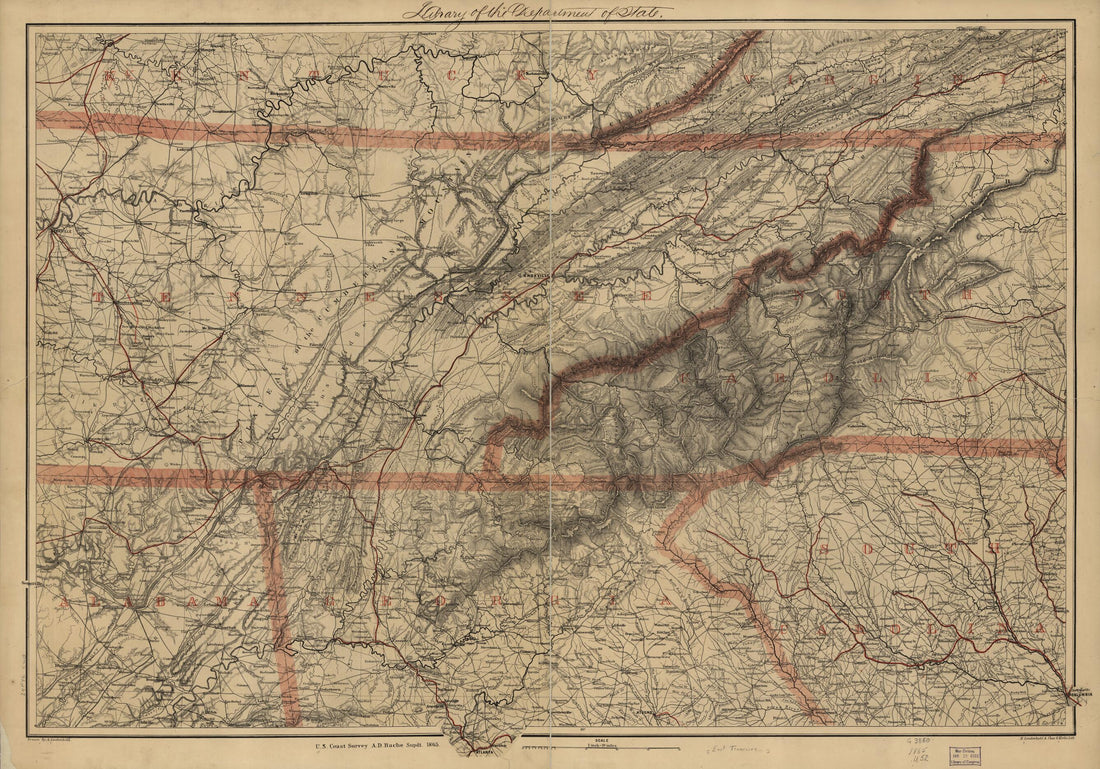 This old map of Eastern Tennessee, With Parts of Alabama, Georgia, South Carolina, North Carolina, Virginia, and Kentucky from 1865 was created by A. Lindenkohl,  United States Coast Survey in 1865