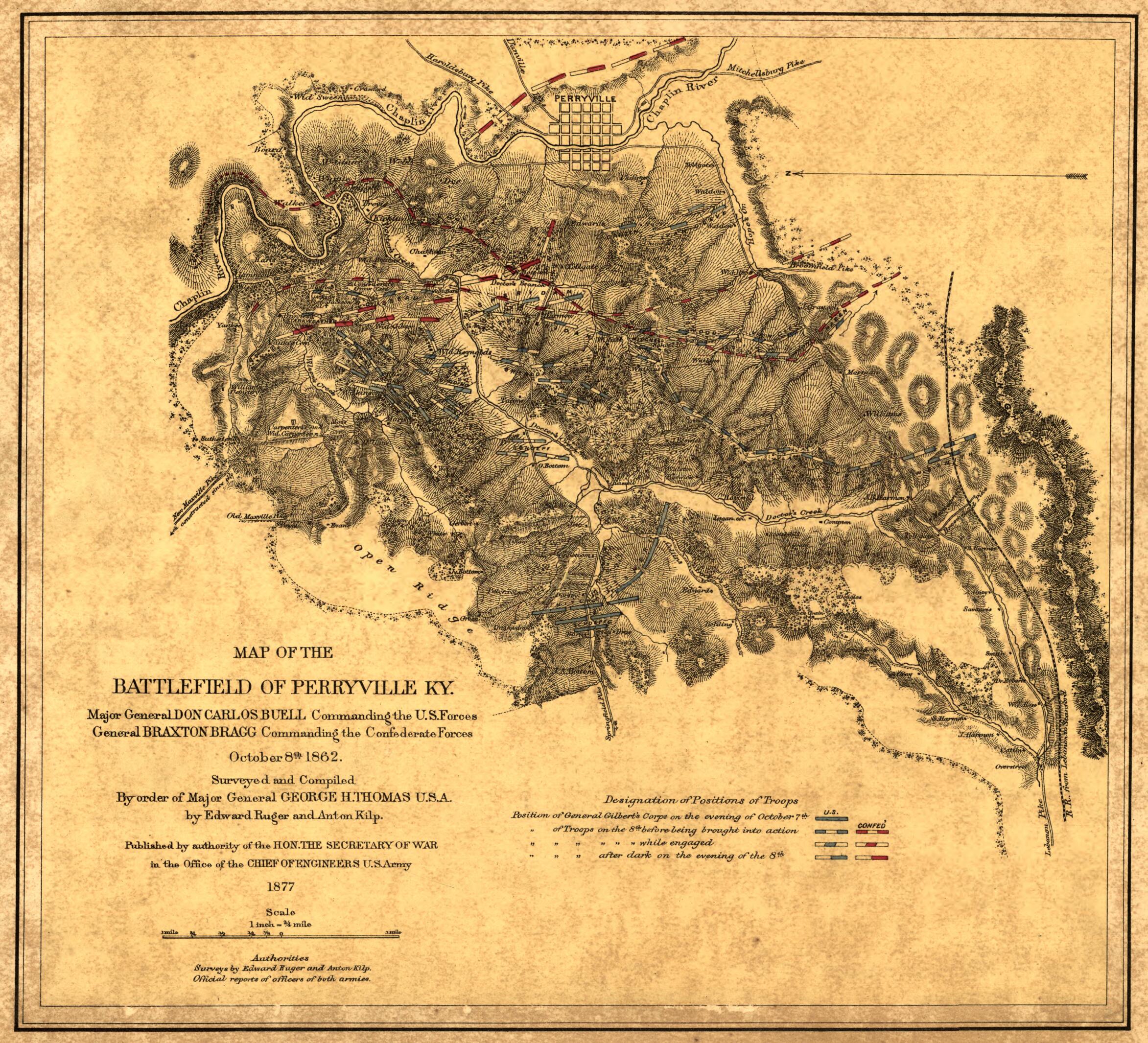 This old map of Map of the Battlefield of Perryville, Ky from 1877 was created by Anton Kilp, Edward Ruger in 1877