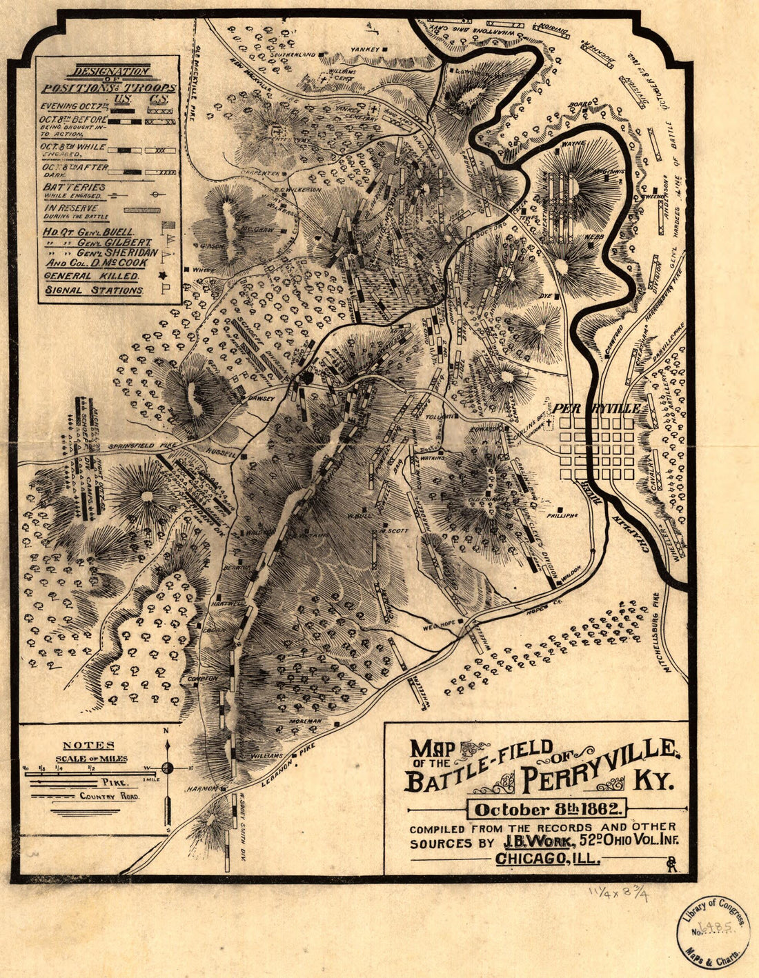 This old map of Field of Perryville, Ky., October 8th 1862 from 1900 was created by J. B. Work in 1900