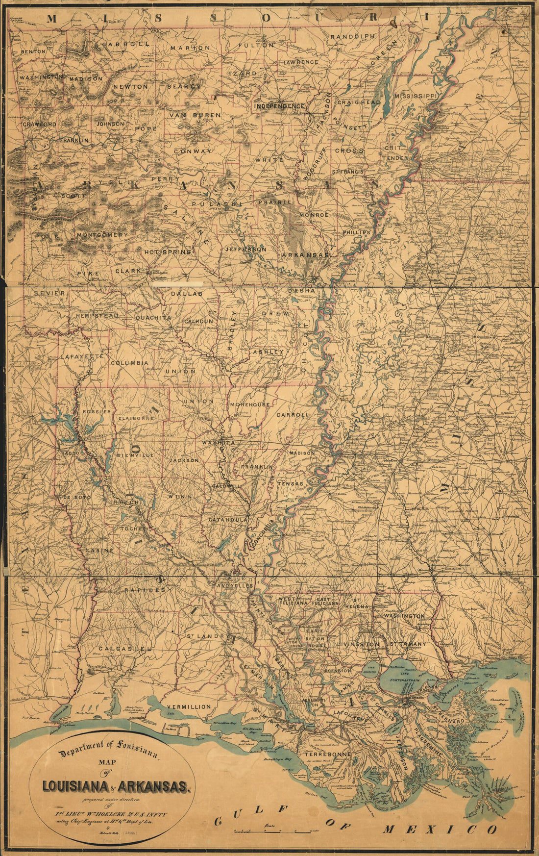 This old map of Map of Louisiana &amp; Arkansas from 1864 was created by Helmuth Holtz in 1864
