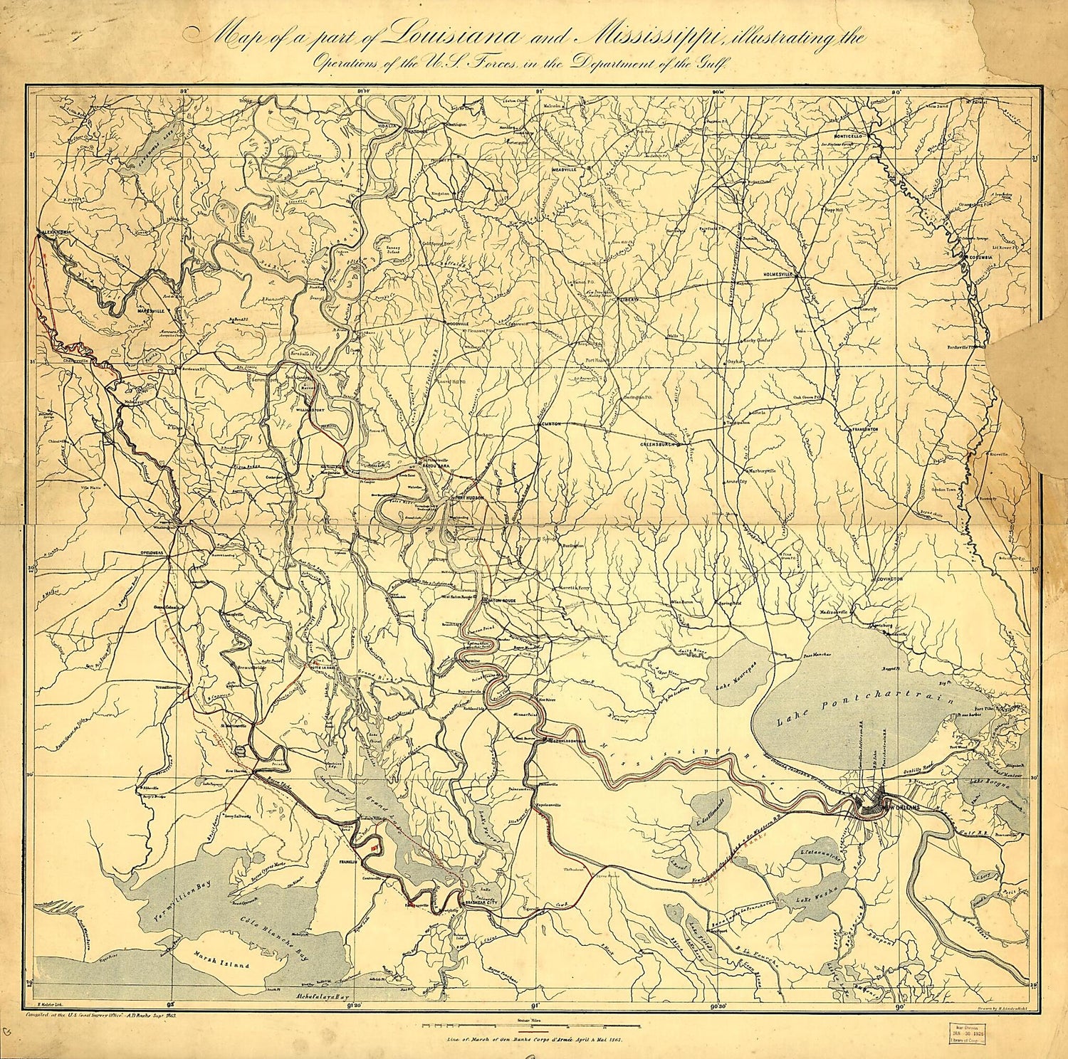 This old map of Map of a Part of Louisiana and Mississippi, Illustrating the Operations of the U.S. Forces, In the Department of the Gulf from 1863 was created by A. D. (Alexander Dallas) Bache, H. (Henry) Lindenkohl,  United States Coast Survey in 1863