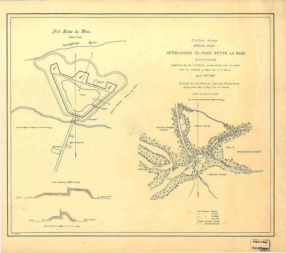 This old map of Approaches to Fort Butte La Rose, Louisiana from 1863 was created by J. G. Oltmanns,  United States Coast Survey in 1863