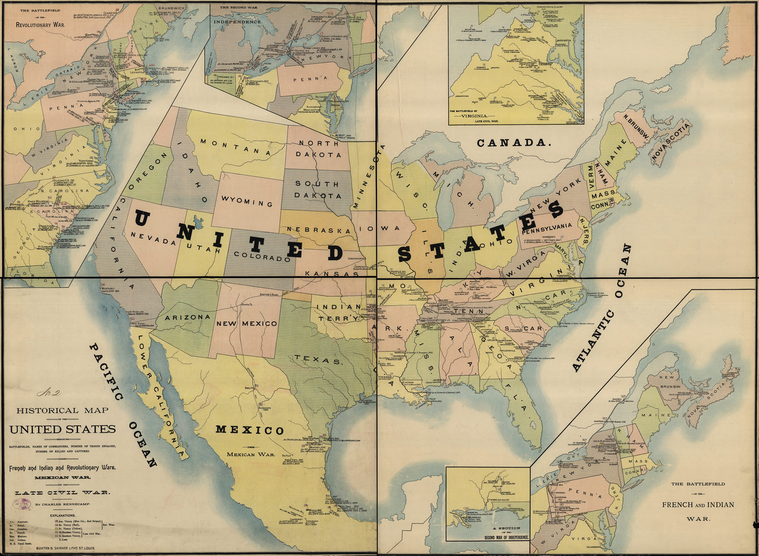 This old map of Historical Map of the United States Indicating Battlefields, Names of Commanders, Number of Troops Engaged, Number of Killed and Captured During French and Indian and Revolutionary Wars, Mexican War, and the Late Civil War from 1890 was c