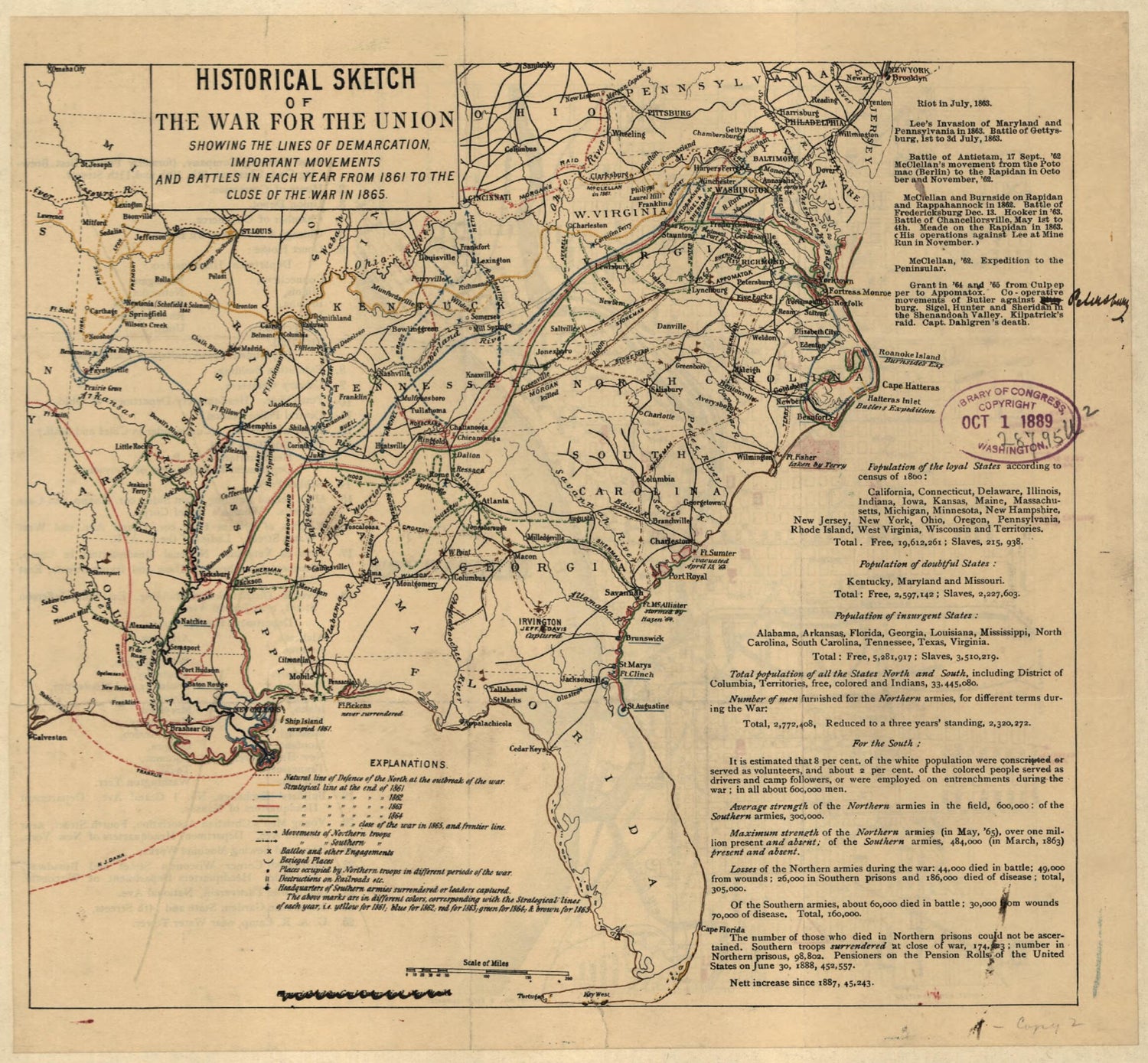 This old map of Historical Sketch of the War for the Union Showing the Lines of Demarcation, Important Movements and Battles In Each Year from 1861 to the Close of the War In 1865 from 1889 was created by Franz Sigel in 1889