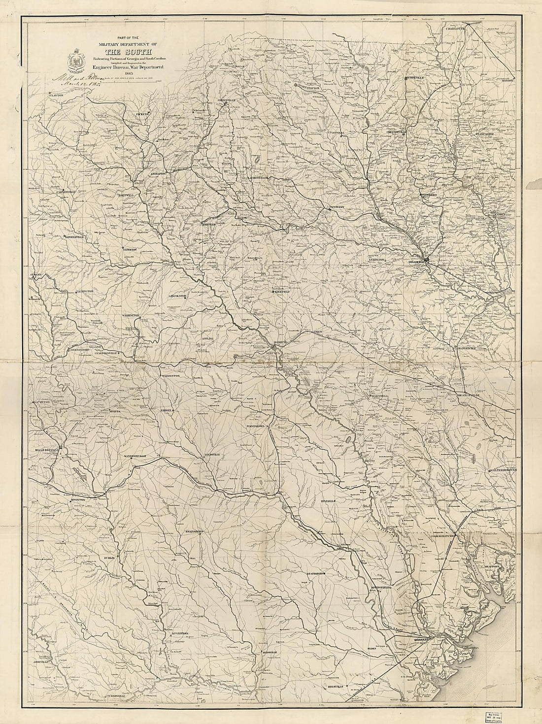 This old map of Part of the Military Department of the South, Embracing Portions of Georgia and South Carolina, and Part of the Military Department of North Carolina from 1865 was created by Millard Fillmore,  United States. Army. Corps of Engineers in 1
