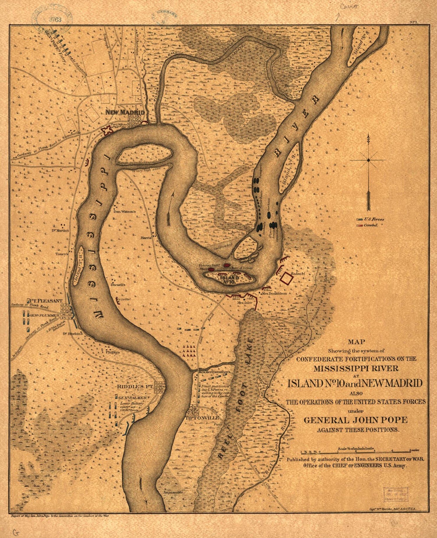 This old map of Map Showing the System of Confederate Fortifications On the Mississippi River at Island No. 10 and New Madrid, Also the Operations of the United States Forces Under General John Pope Against These Positions from 1862 was created by Wm Hoe