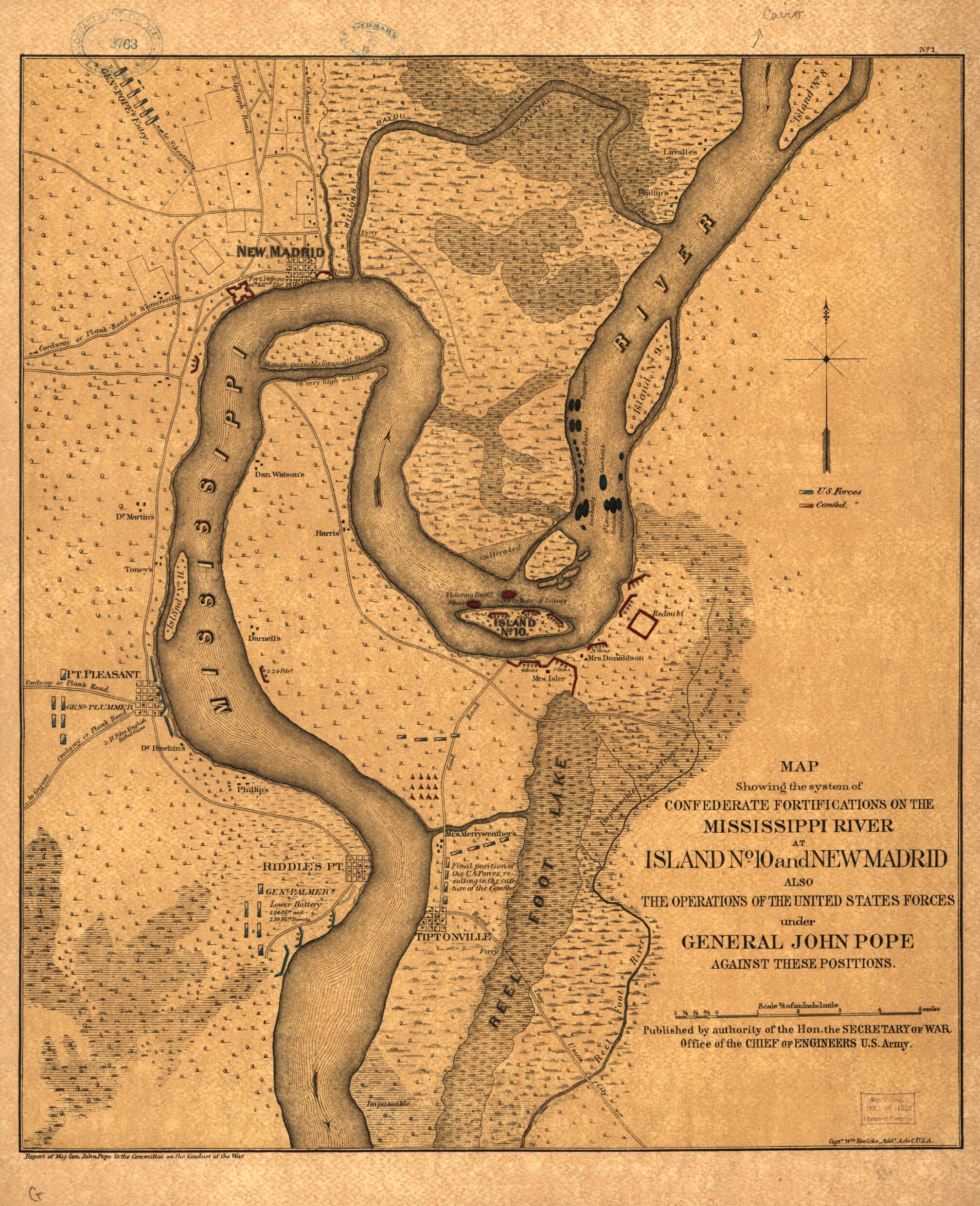 This old map of Map Showing the System of Confederate Fortifications On the Mississippi River at Island No. 10 and New Madrid, Also the Operations of the United States Forces Under General John Pope Against These Positions from 1862 was created by Wm Hoe