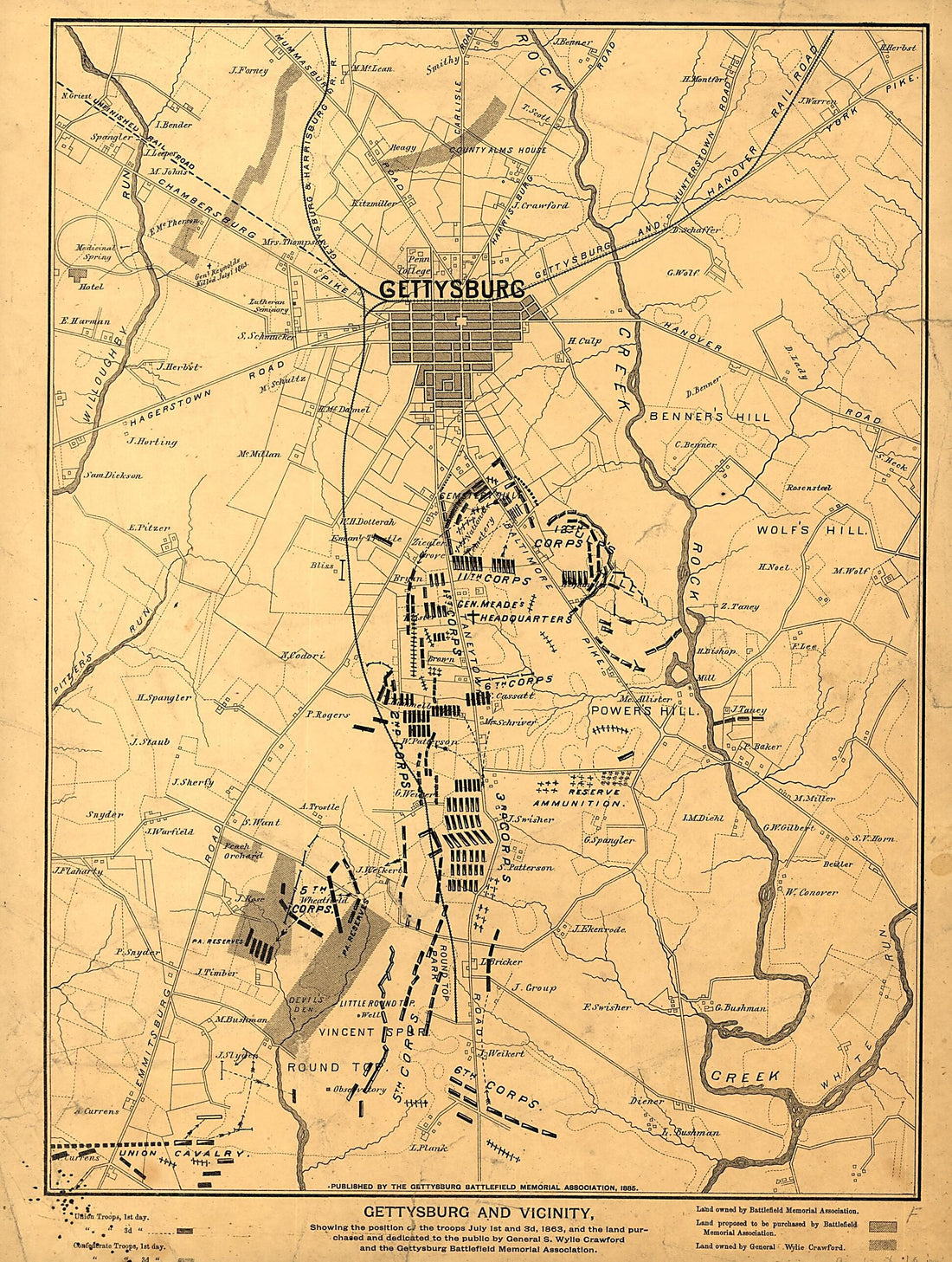 This old map of Gettysburg and Vicinity, Showing the Position of the Troops July 1st and 3rd, from 1863, and the Land Purchased and Dedicated to the Public by General S. Wylie Crawford and the Gettysburg Battlefield Memorial Association was created by  G