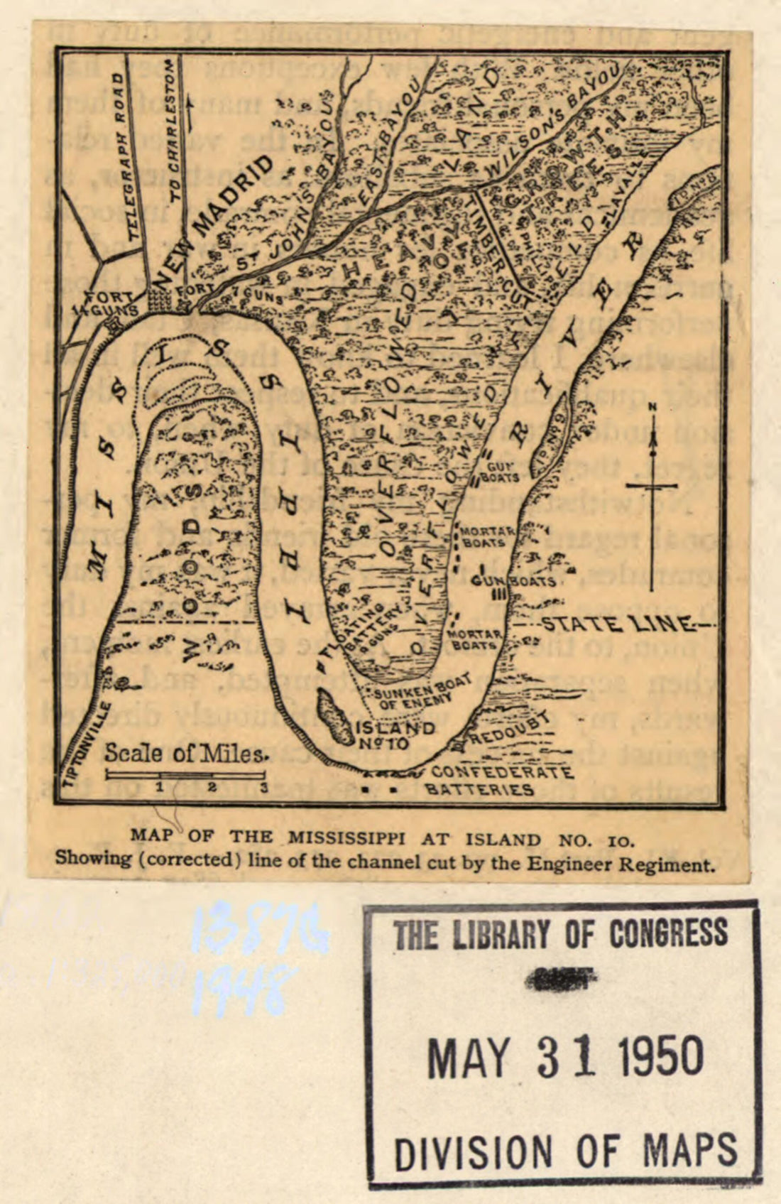 This old map of Map of the Mississippi at Island No. 10. Showing (corrected) Line of the Channel Cut by the Engineer Regiment from 1885 was created by J. W. Bissell in 1885