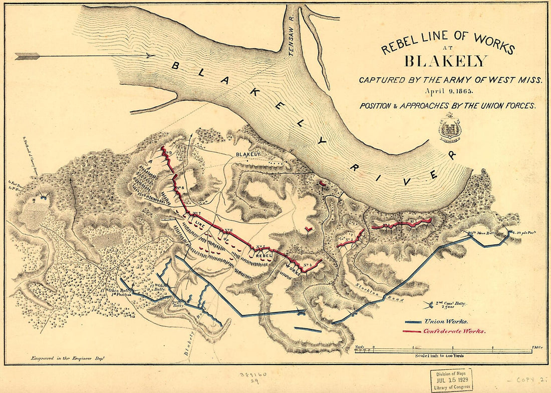This old map of Rebel Line of Works at Blakely Captured by the Army of West Mississippi, April 9, from 1865 was created by  United States. Army. Corps of Engineers in 1865