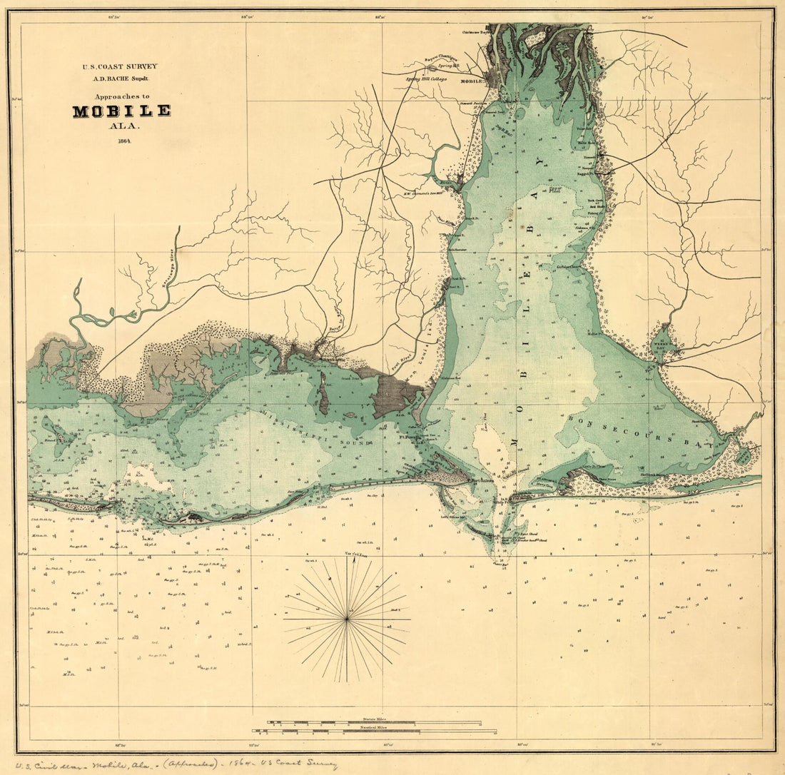 This old map of Approaches to Mobile,Alabama from 1864 was created by  United States Coast Survey in 1864