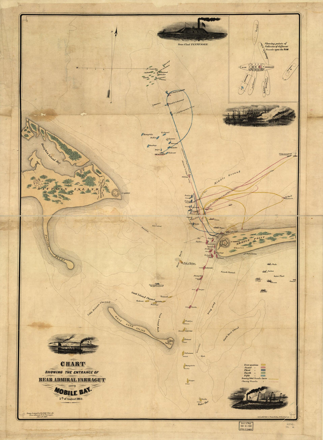 This old map of Chart Showing the Entrance of Rear Admiral Farragut Into Mobile Bay. 5th of August from 1864 was created by David Glasgow Farragut, Robert Weir in 1864