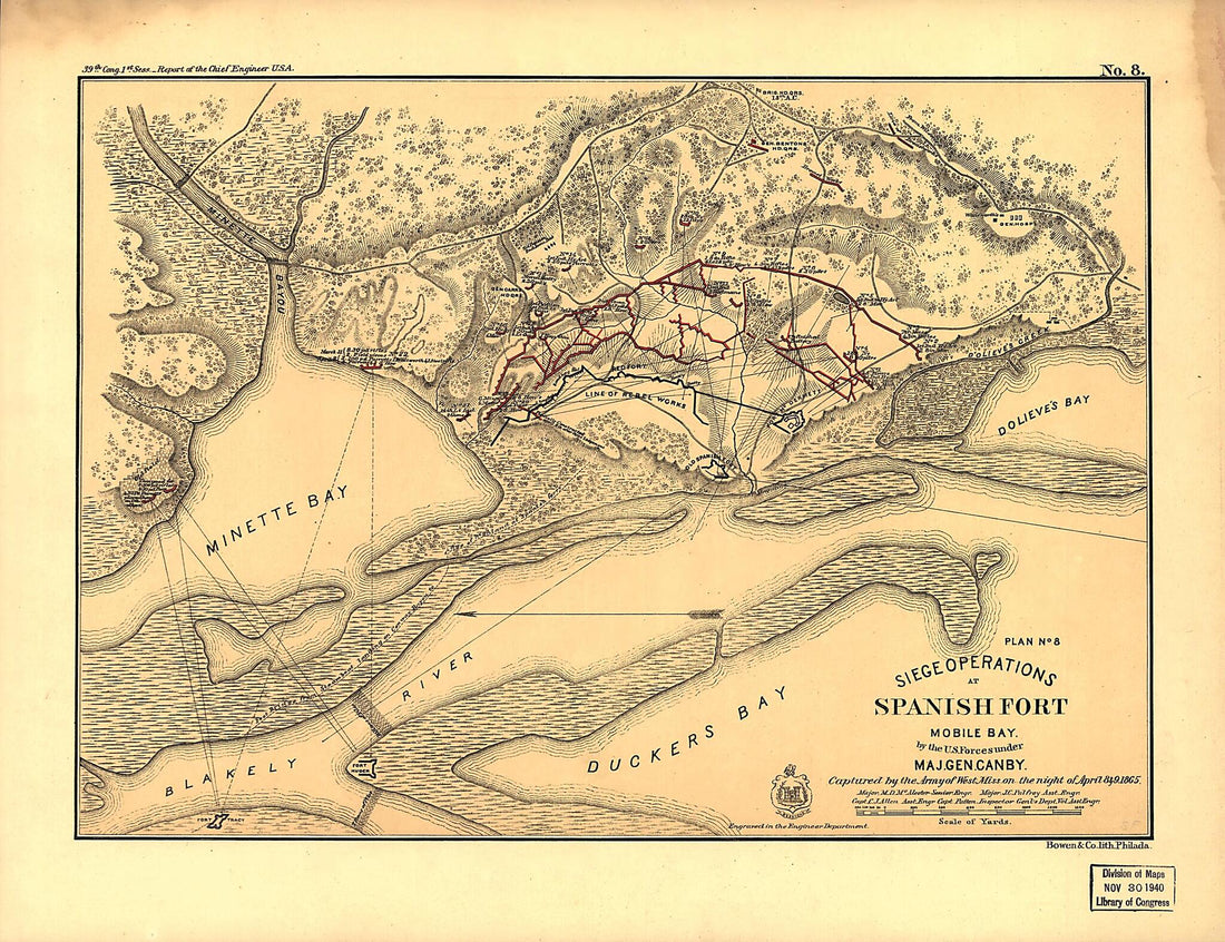 This old map of Siege Operations at Spanish Fort, Mobile Bay, by the U.S. Forces Under Maj. Gen. Canby from 1866 was created by C. J. Allen, Miles D. McAlester, John Carver Palfrey in 1866