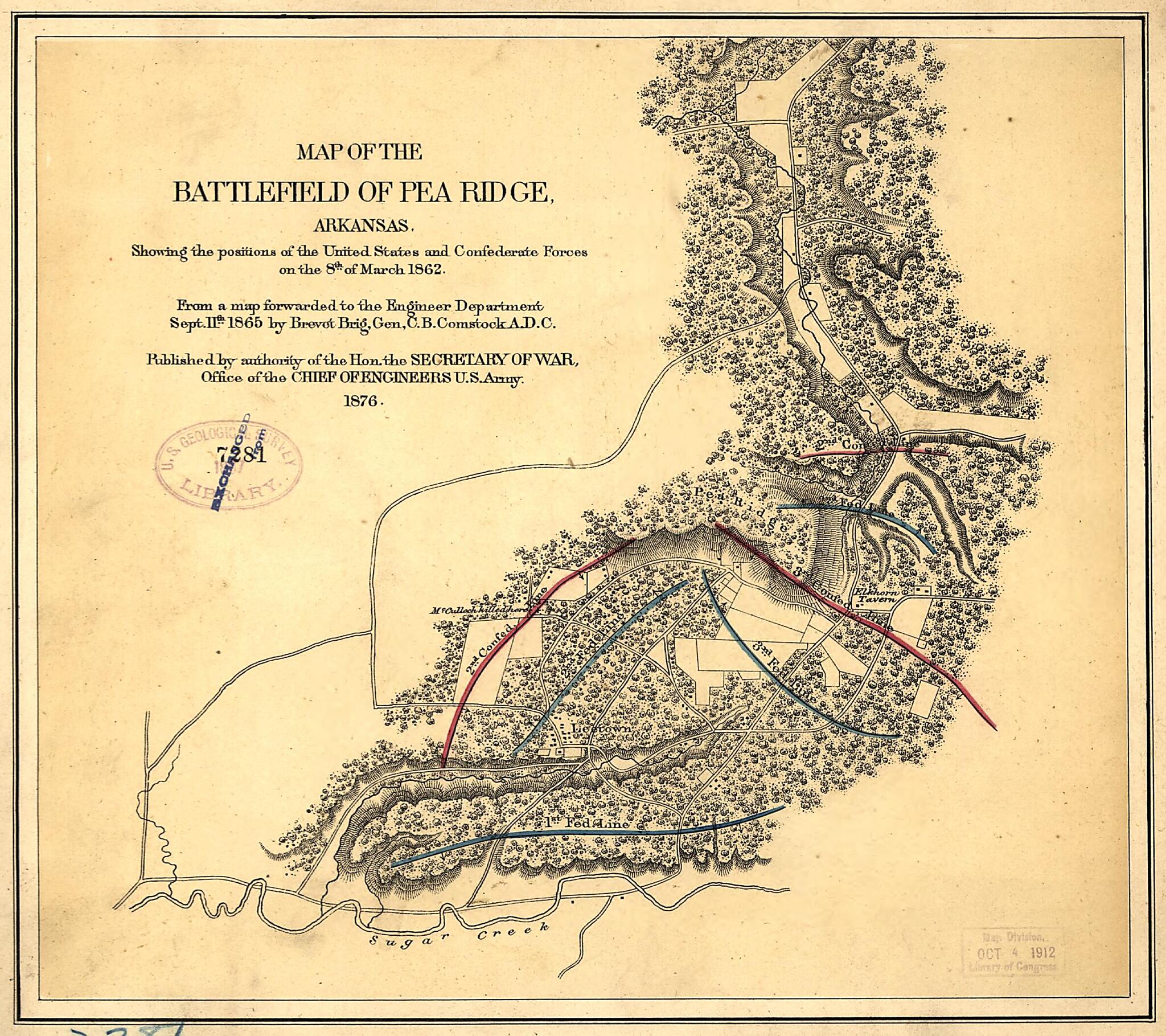 This old map of Map of the Battlefield of Pea Ridge, Arkansas, Showing the Positions of the United States and Confederate Forces On the 8th of March 1862 from 1876 was created by  United States. Army. Corps of Engineers in 1876